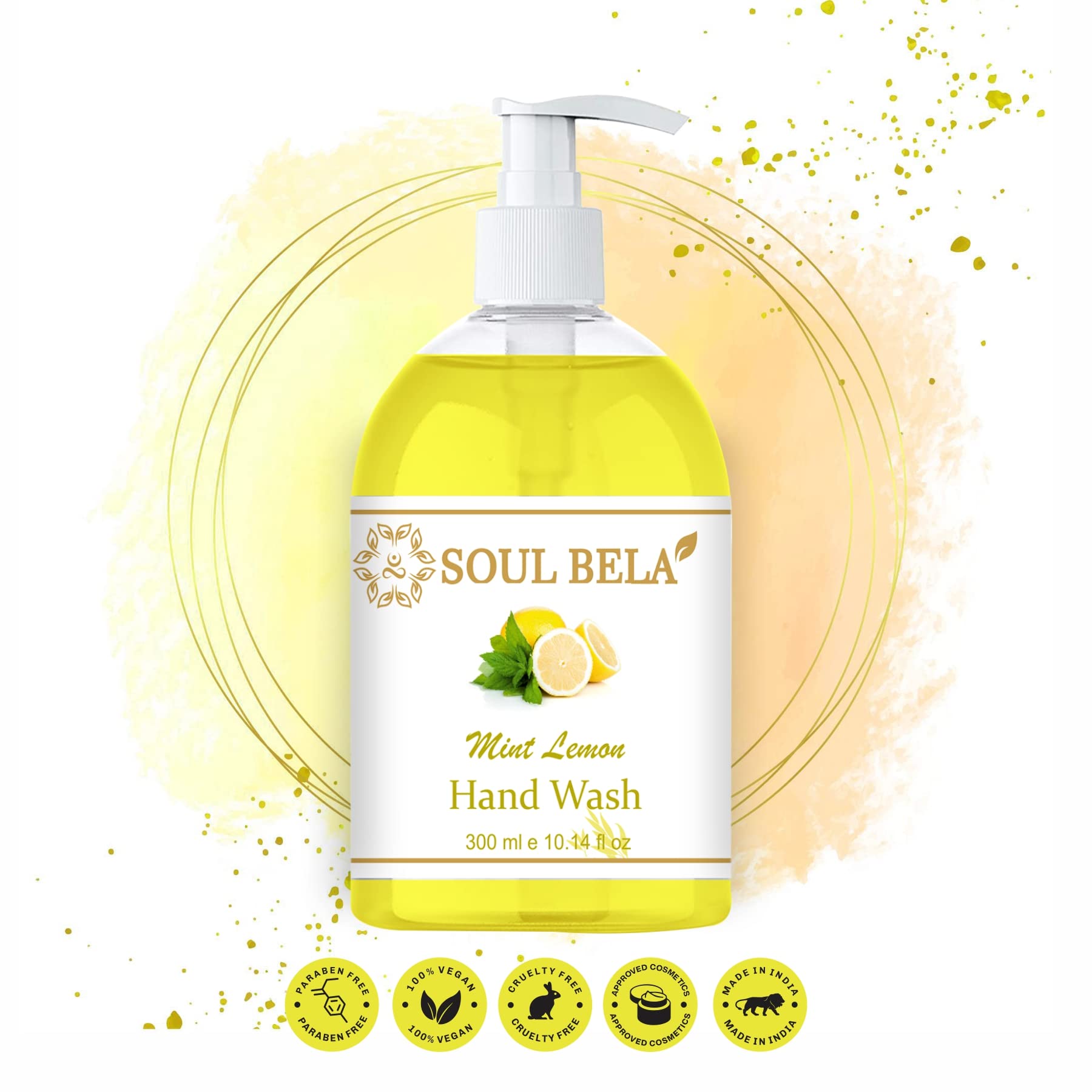 Soul Bela Mint Lemon Hand Wash with Lemon Extract & Mint - Antibacterial & Moisturizing for Soft Hands - 300ml (Pack of 1) | Perfect for Kitchen, Bathroom & Office Use