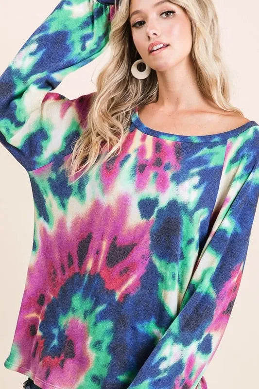 BiBi Tie Dye Print Terry Top with Puff Sleeves | Women's Fashion Casual Shirt | Perfect for Summer Outfits, Beach Wear & Music Festivals