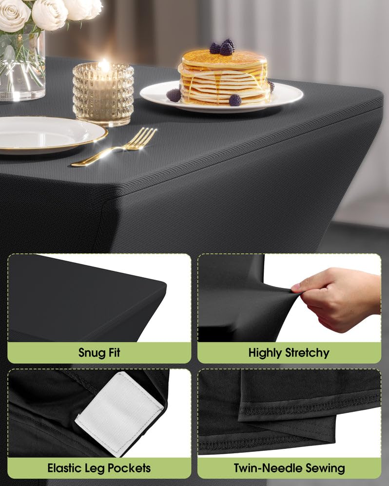 Pureegg Spandex Tablecloth 6ft - 2 Pack, Fitted Stretch Table Cover for Rectangle Tables, Wrinkle-Free & Elastic Tablecloth for Graduation, Wedding, Party & Banquet Decor - Black | Perfect for Dining Tables, Buffet Setups & Event Centerpieces