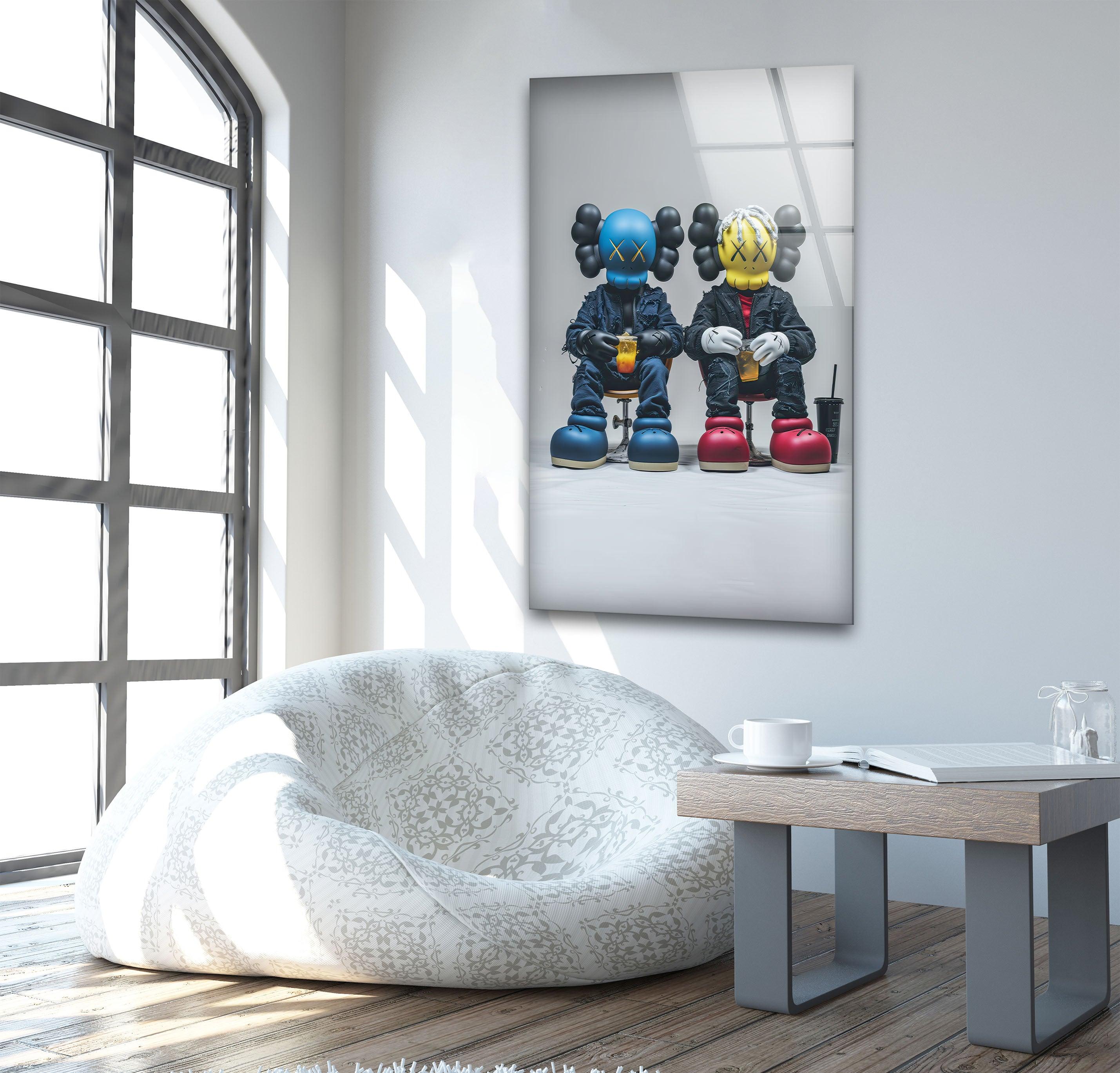 Blue & Yellow KAWS Wall Art Glass Decor - Modern Home & Office Decor for Living Room, Bedroom, or Gift