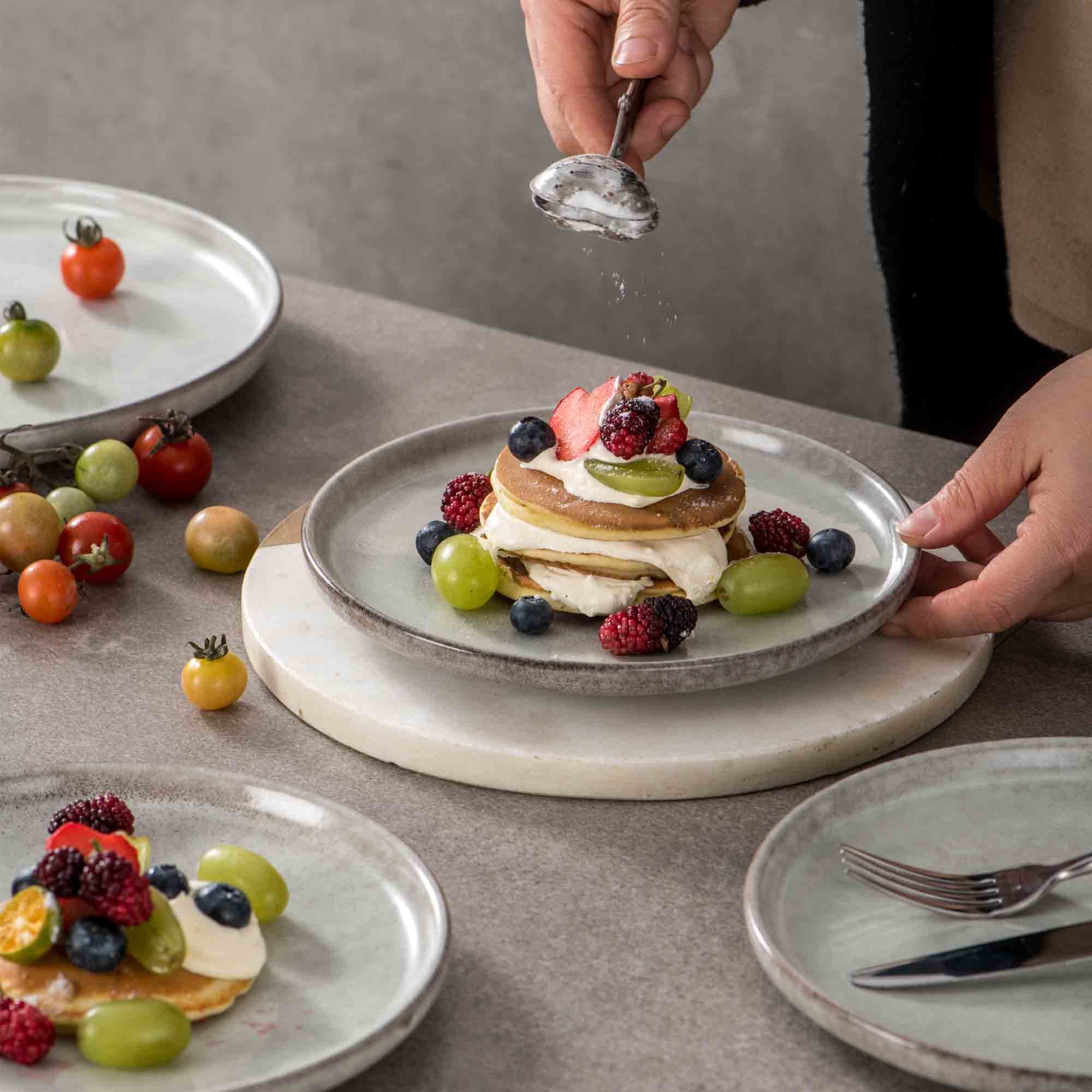 Henten Home 8 Inch Ceramic Dessert Plates Set of 4, Porcelain Salad & Snack Plates with Fluted Edge, Scratch Resistant Stoneware Dishes with Reactive Glaze (Grey) - Perfect for Cake Serving, Kitchen Dining, and Party Entertaining