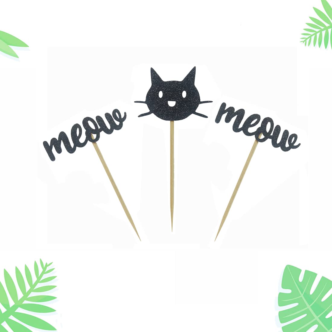 24 PCS Black Glitter Kitten Cat Meow Cupcake Toppers - Adorable Cat-Themed Decor for Baby Showers, Birthday Parties & Wedding Celebrations - Perfect for Cake, Dessert, and Table Decorations