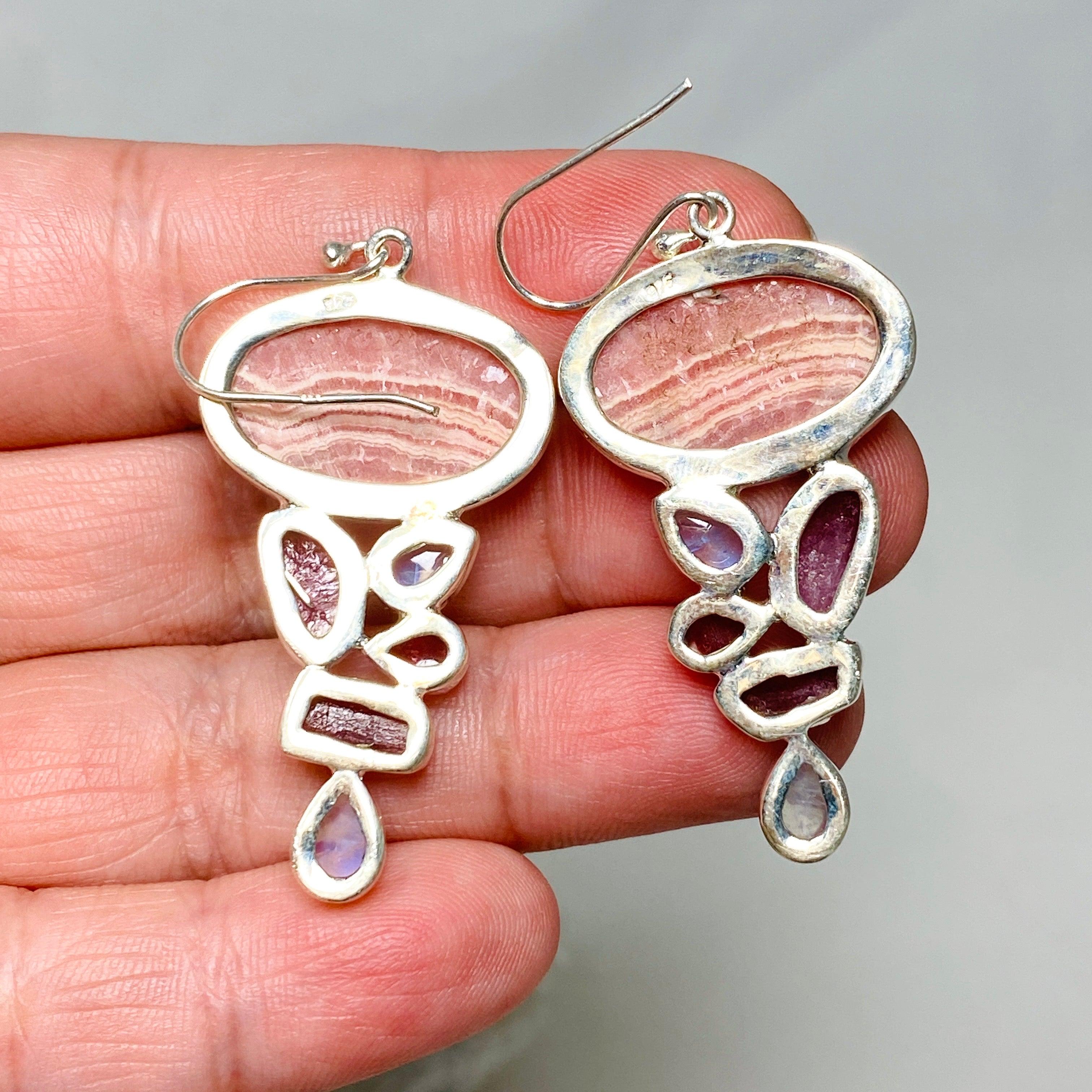 Rhodochrosite Moonstone Pink Tourmaline Multistone Dangle Earrings KEGJ1464 - Elegant Gemstone Jewelry for Women, Perfect for Weddings & Special Occasions