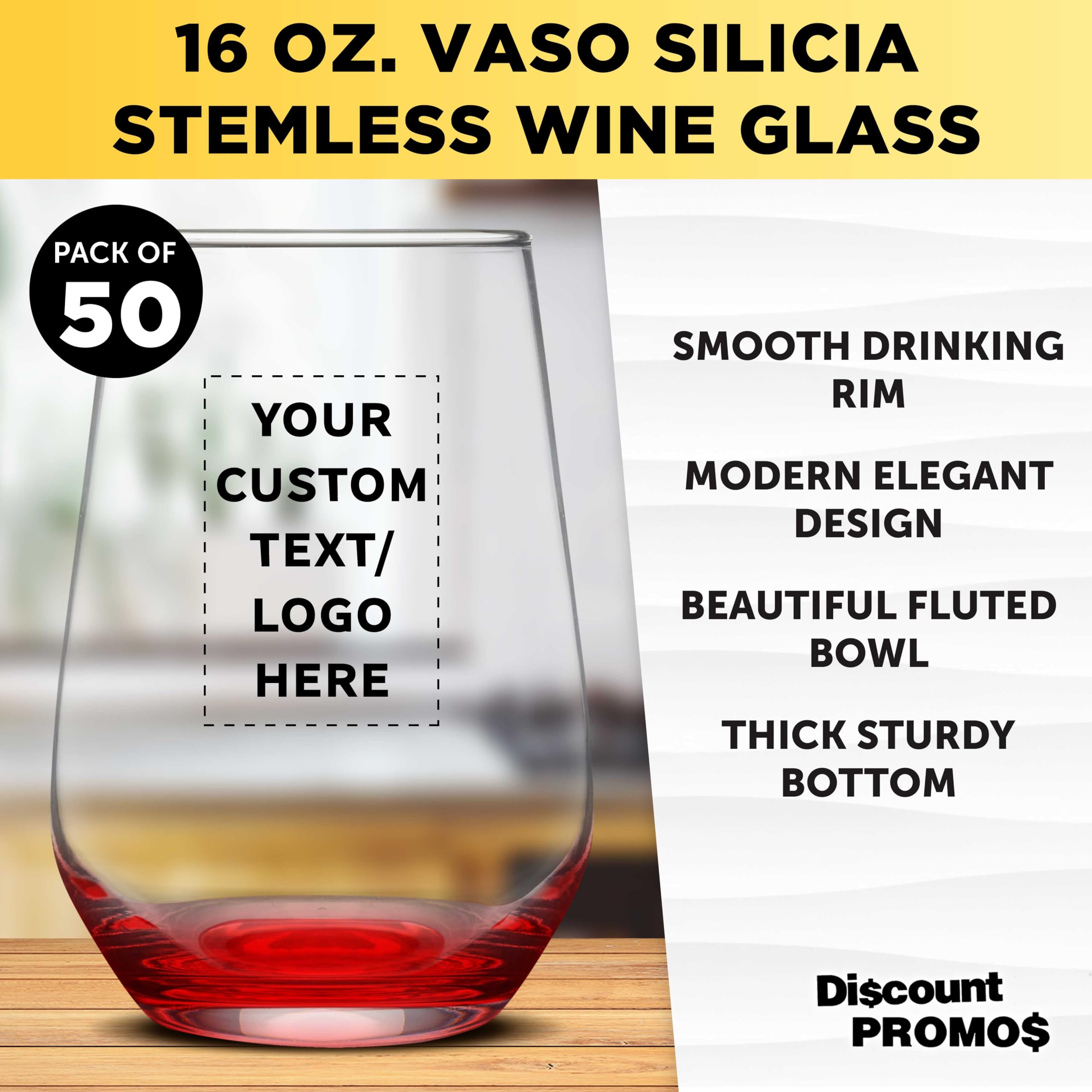 50 Pack Stemless Wine Glasses Set - 16oz Clear Orb-Like Silica Cups with Thick Base - Personalized Text/Logo Engraving - Perfect for Weddings, Parties & Corporate Events