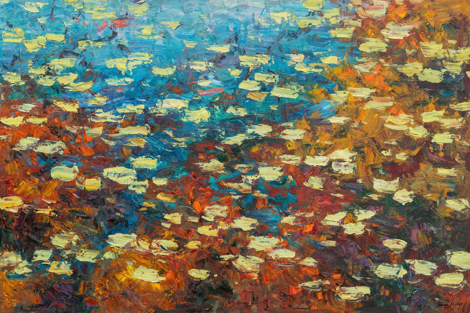 Original Oil Painting - Water Lilies Pond Autumn, Modern Abstract Canvas Art, Large Wall Decor for Living Room, Bedroom & Office | Handmade Landscape Painting