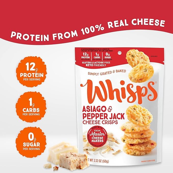 Whisps Asiago & Pepper Jack Cheese Crisps - High Protein, Low Carb, Keto, Gluten Free Snacks - Healthy Protein Chips for Weight Loss & Diet (2.12 Oz, 4 Pack) - Perfect for Office Snacks, School Lunch, and On-the-Go Keto Diet