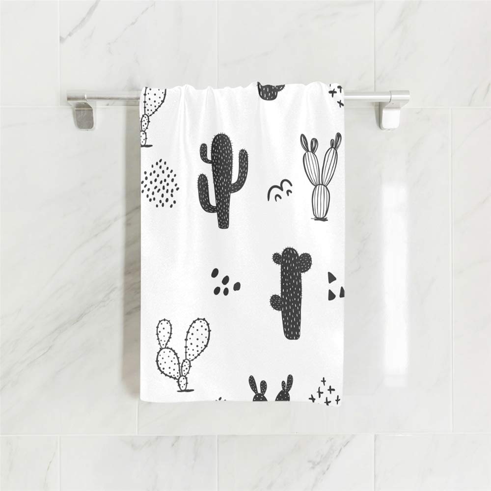 Black and White Cactus Hand Towel - Ultra Soft Bath & Face Towel for Gym, Spa, Kitchen - Absorbent Quick-Dry Cotton Towel for Home & Travel Use