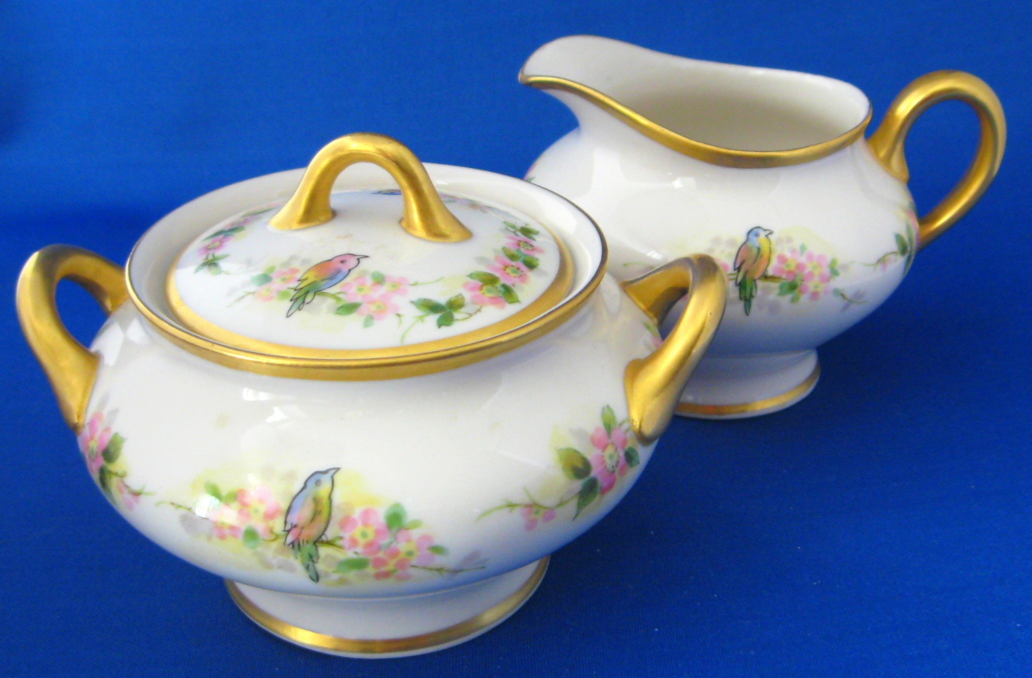 Antique Hand-Painted Birds Cream and Sugar Set with Heavy Gold Trim, 1890s Vintage - Perfect for Tea Parties, Victorian Decor, and Collectible Display
