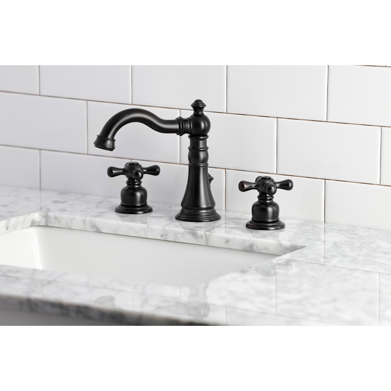 American Classic FSC1970AX Matte Black Widespread Bathroom Faucet - 2 Handle 3 Hole Deck Mount with Brass Pop-Up Drain - Perfect for Modern Bathroom Vanities and Powder Rooms