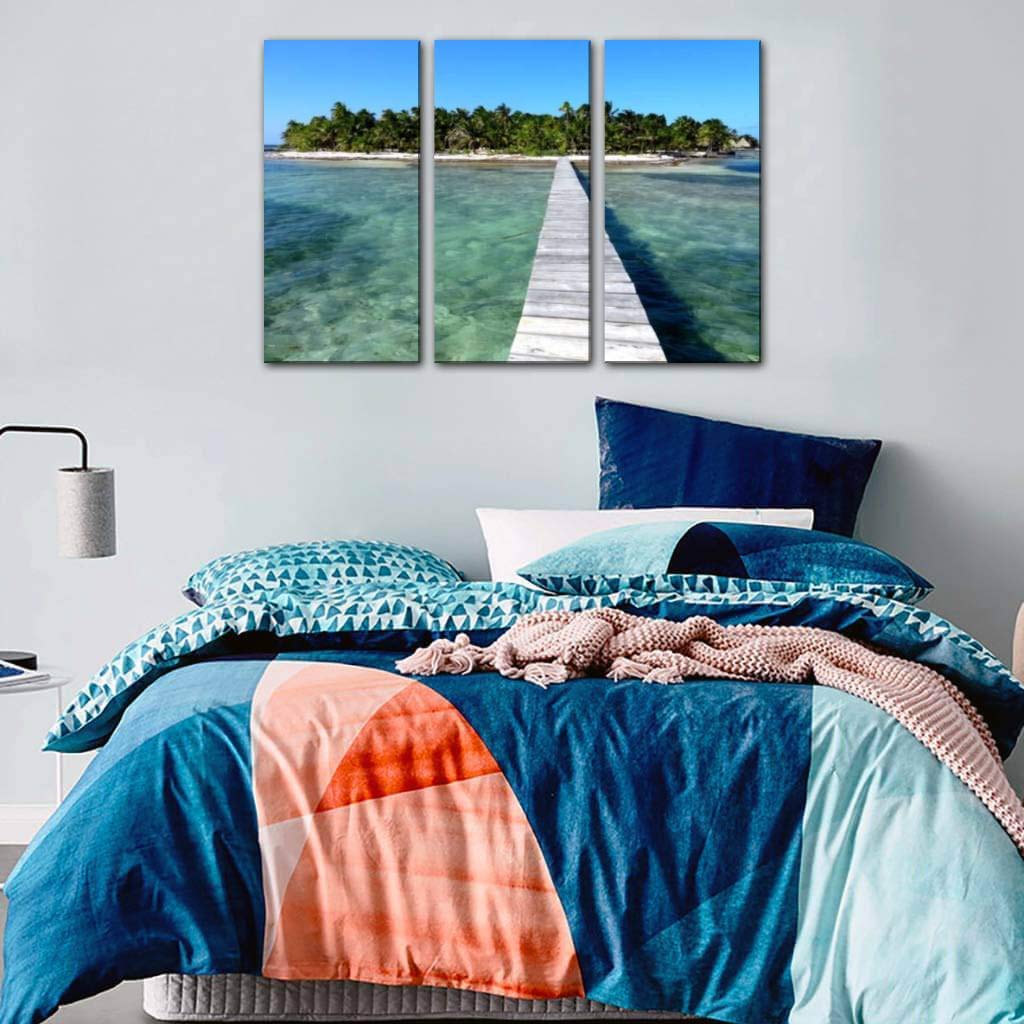 Belize Island Paradise Blue Tropical Seascape Canvas Wall Art - 3 Panel Beach Painting for Living Room & Bedroom Decor - Ocean Themed Home Wall Decor Posters | Perfect for Coastal, Boho & Vacation Style Interiors