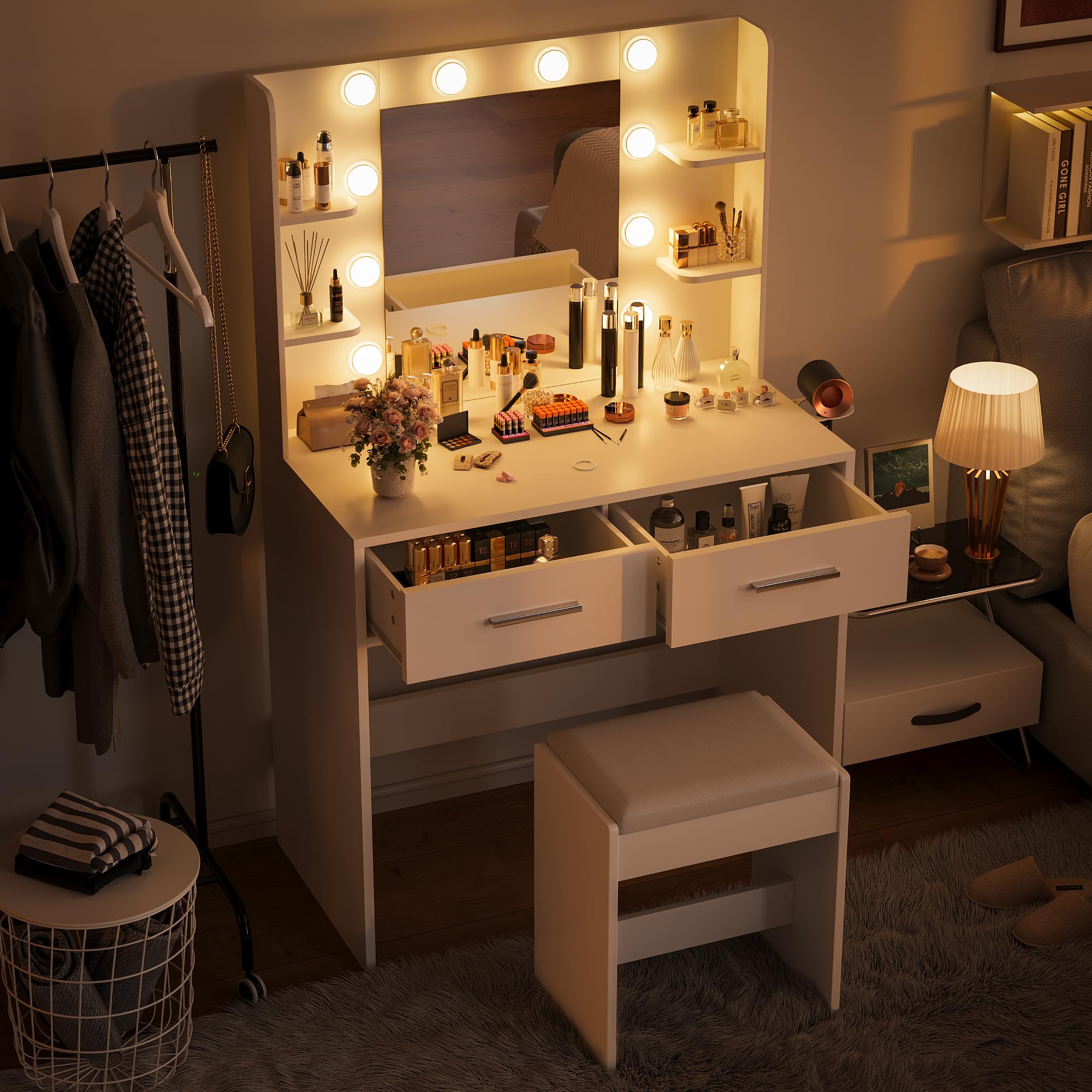 Furmax Makeup Vanity Desk with Mirror, Power Outlet & Adjustable LED Lights - White Vanity Table with 2 Drawers, 6 Shelves & Included Bench - Perfect for Bedroom, Dressing Room & Beauty Salon Organization