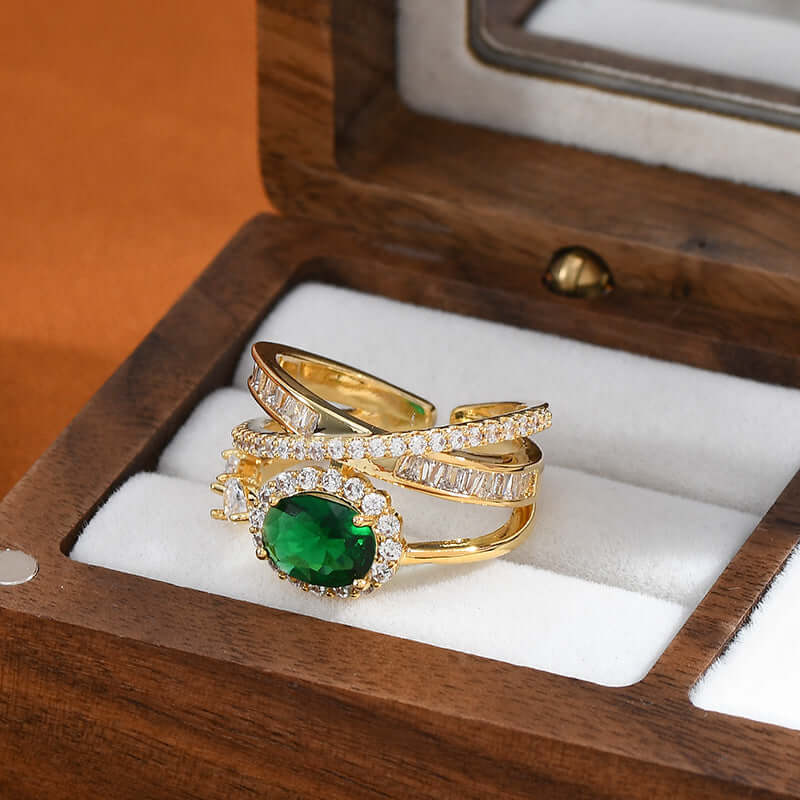 Emerald Green CZ Layered Cross Stacking Ring Set for Women | Elegant Jewelry Gift for Christmas, Birthday & Anniversary | K4205
