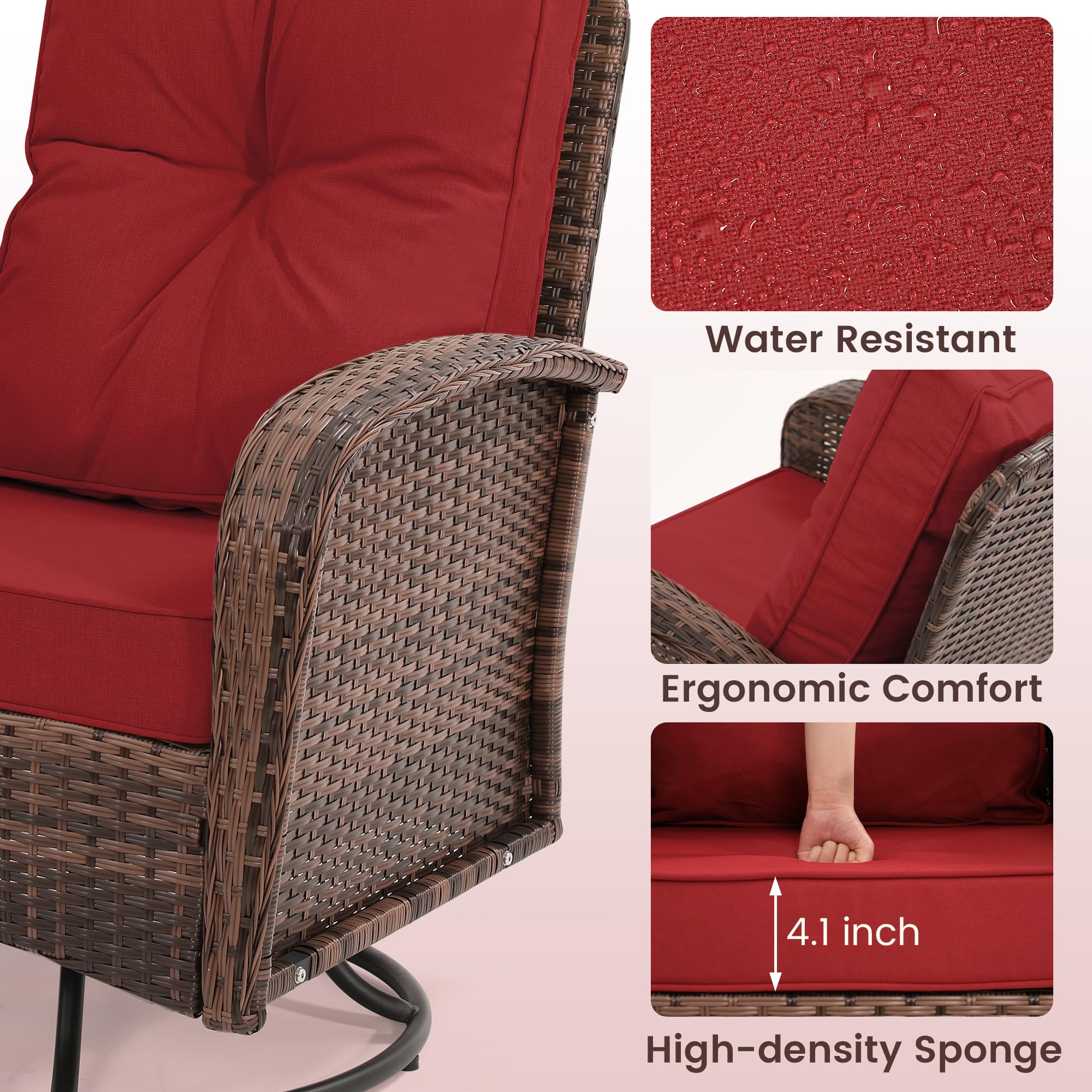 Kromax 3-Piece Patio Furniture Set - Outdoor Swivel Glider Rocker, Wicker Bistro Set with Rattan Rocking Chair & Glass Top Table - Thick Cushions for Porch, Deck, Garden or Backyard (Brown Rattan & Red Cushion) - Perfect for Relaxing, Entertaining & Outdoor Dining