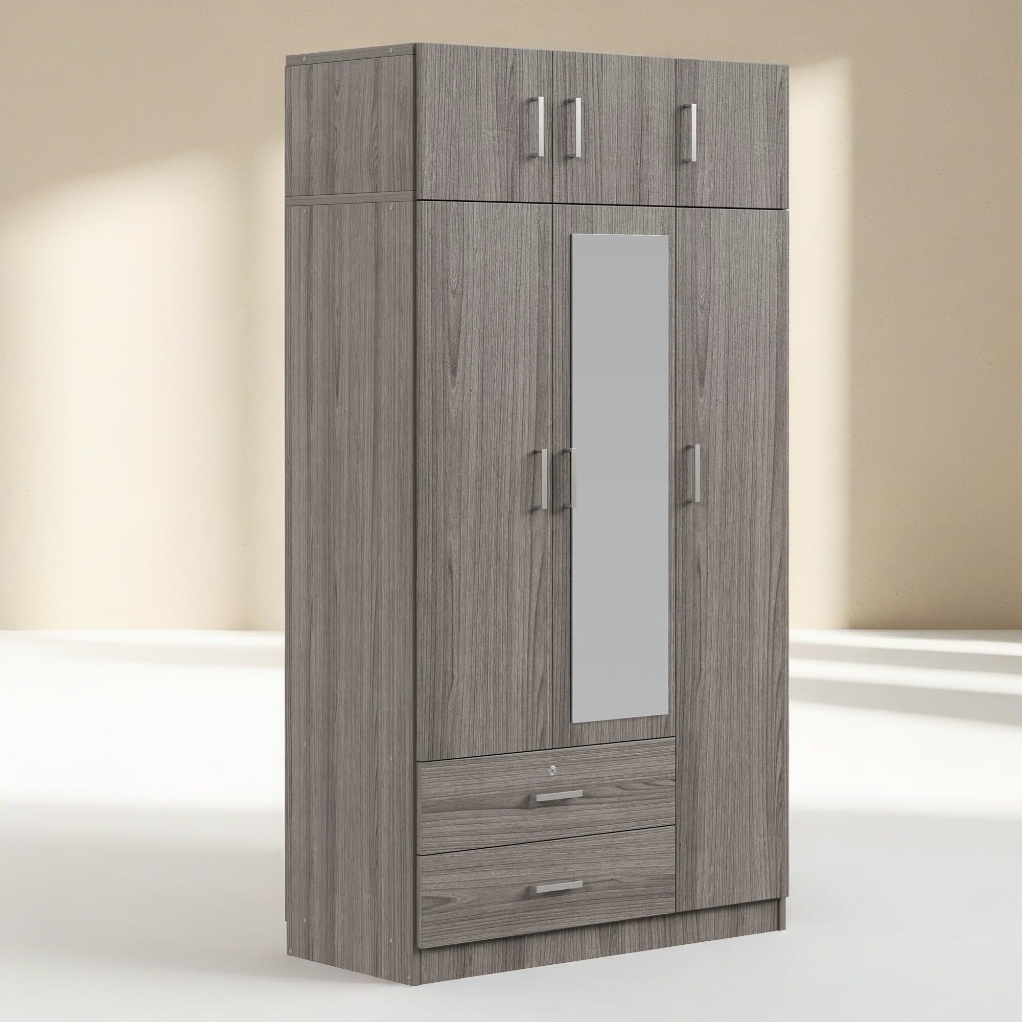 Modern 3-Door Wardrobe with Drawers & Shelves - Freestanding Closet Organizer for Bedroom & Home Storage (Grey)