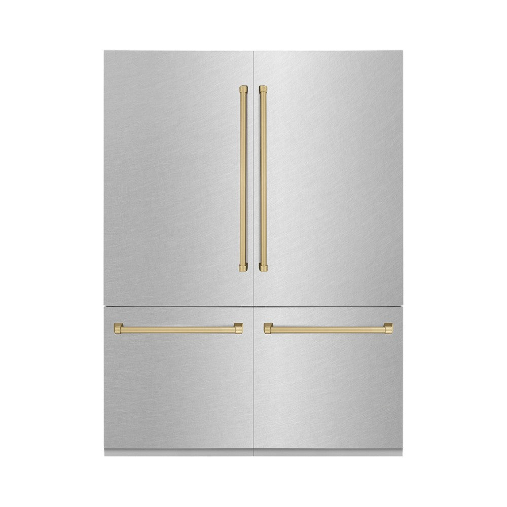ZLINE Autograph Edition 60-Inch French Door Built-In Refrigerator with Bottom Freezer - 32.2 cu.ft Capacity, Water Dispenser & Ice Maker - Satin Stainless Steel with Champagne Bronze Accents (RBIVZ SN 60 CB) - Perfect for Modern Kitchens & Luxury Homes
