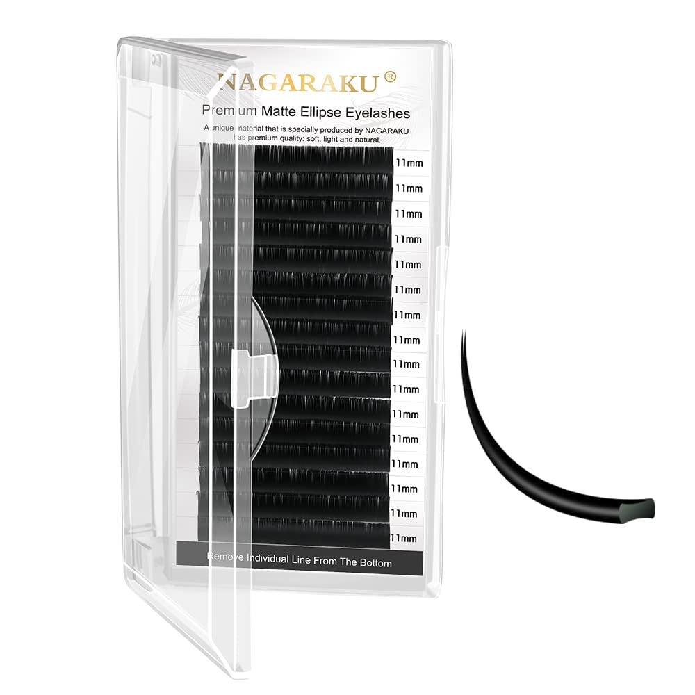 NAGARAKU Professional Ellipse Eyelash Extensions - 0.15mm D Curl 11mm Flat Split Tips Individual Lashes in Matte Black | Classic Lash Supplies for Salon & DIY Use | Perfect for Volume Fans, Bridal & Special Occasion Makeup