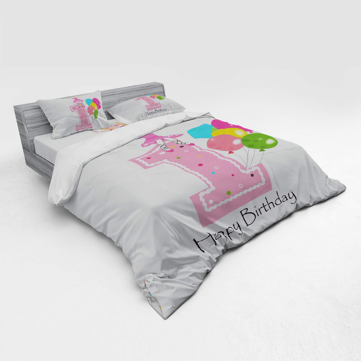 Ambesonne 1st Birthday Duvet Cover Set - Cartoon Party Theme with Pink Wand & Balloons - 4 Piece King Size Bedding Set with Shams & Fitted Sheet - Pale Pink & Lilac - Perfect for Baby's First Birthday Party Decorations & Nursery Room