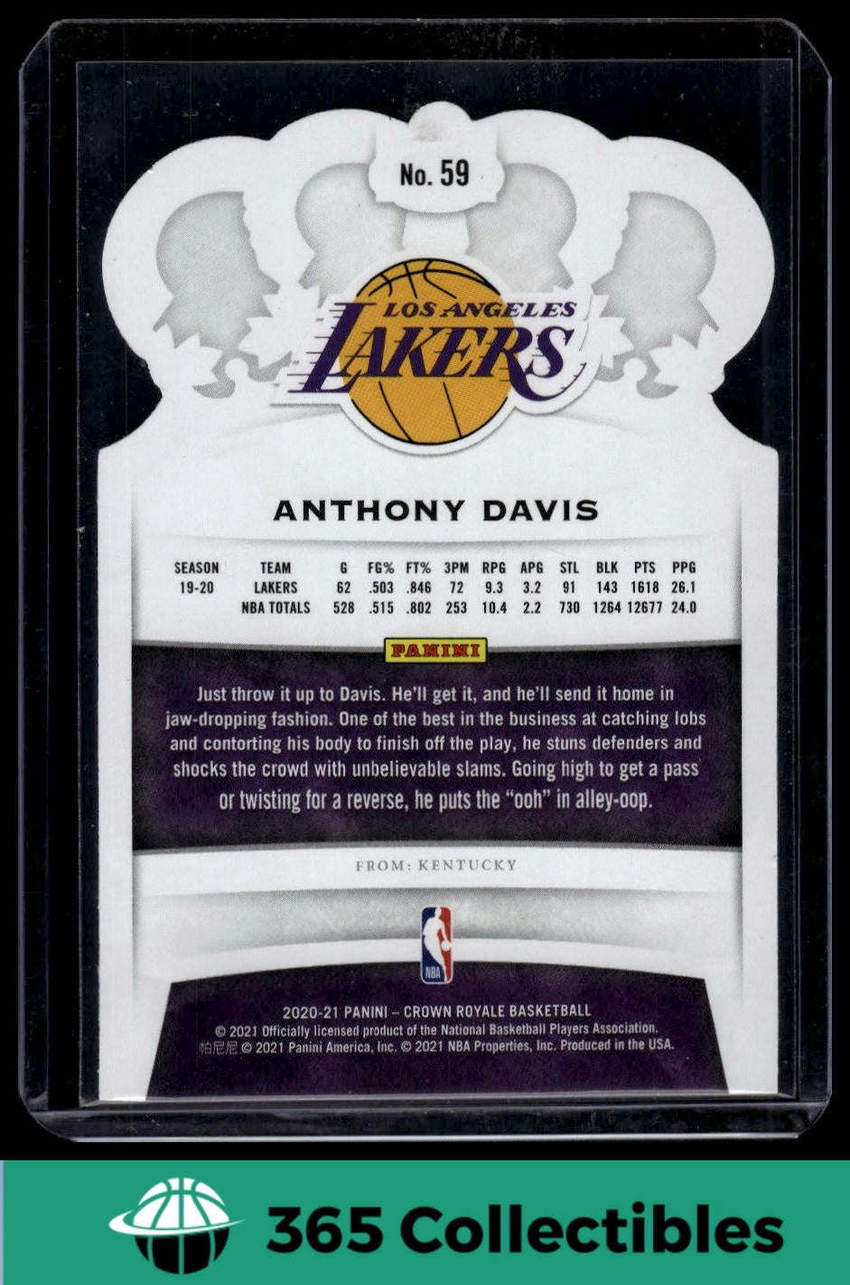 2020-21 Panini Crown Royale Anthony Davis #59 Basketball Card - Los Angeles Lakers NBA Collectible for Fans & Sports Memorabilia Enthusiasts - Perfect for Trading, Collecting, and Displaying in Your Sports Room