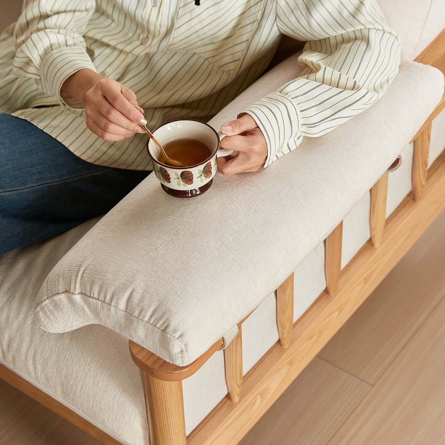 Japandi Style Solid Ash Wood Sofa - Cotton Linen, Corduroy & Cat Scratch Resistant Fabric Options | Modern Scandinavian Japanese Fusion Sofa for Living Room, Lounge & Office