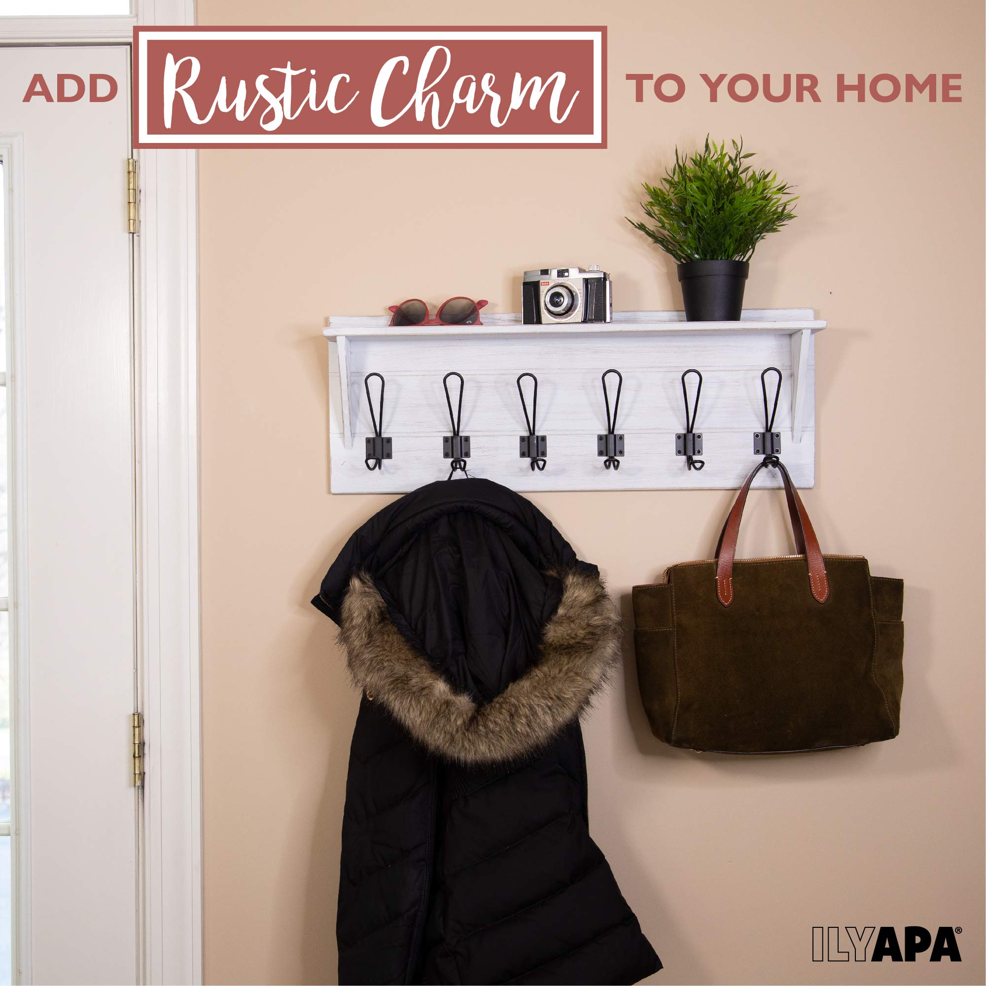 Ilyapa White Wall Mount Coat Rack with Shelf - 6 Metal Hooks for Hats, Jackets & Accessories - Rustic Wooden Entryway Organizer for Kitchen, Bedroom, Hallway & Mudroom - Perfect for Small Space Storage & Home Decor