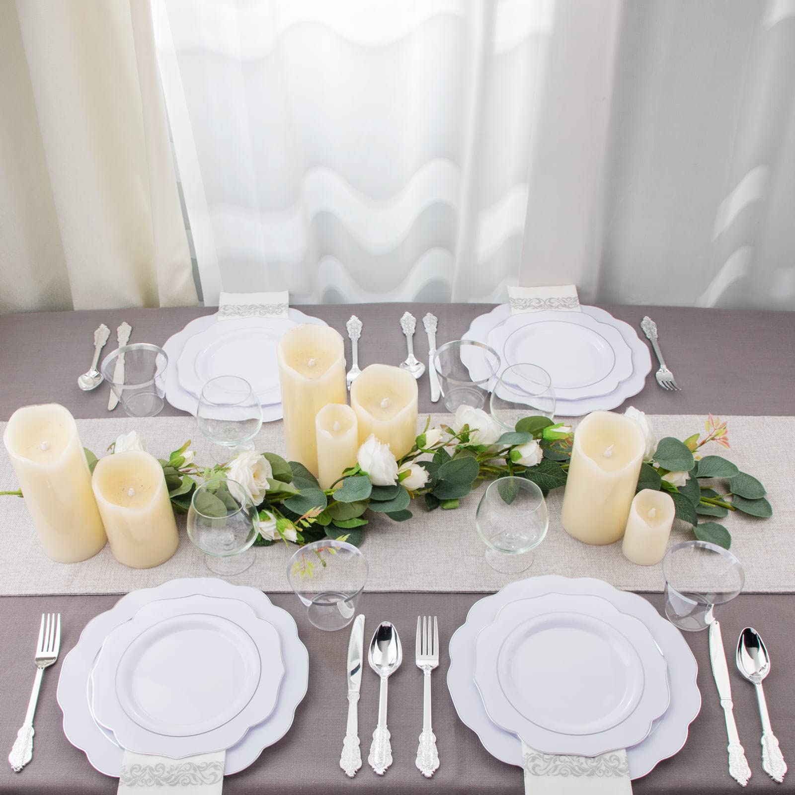 NOCCUR 175-Piece Silver Plastic Dinnerware Set - Elegant Silver Rim Plates & Utensils for Christmas, Weddings, Parties (25 Dinner Plates, 25 Dessert Plates, 25 Forks, 25 Knives, 25 Spoons) - Perfect for Holiday Gatherings, Catering Events & Special Occasions