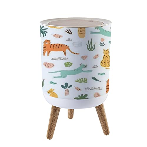 SHL96PZGX Small Trash Can with Lid - Funny Jungle Safari Theme with Palm Trees & Cactus Doodles, Wooden Legs, 1.8 Gallon (7L) Round Wastebasket for Kitchen, Bathroom, Kids Room & Office | Eco-Friendly Home Decor