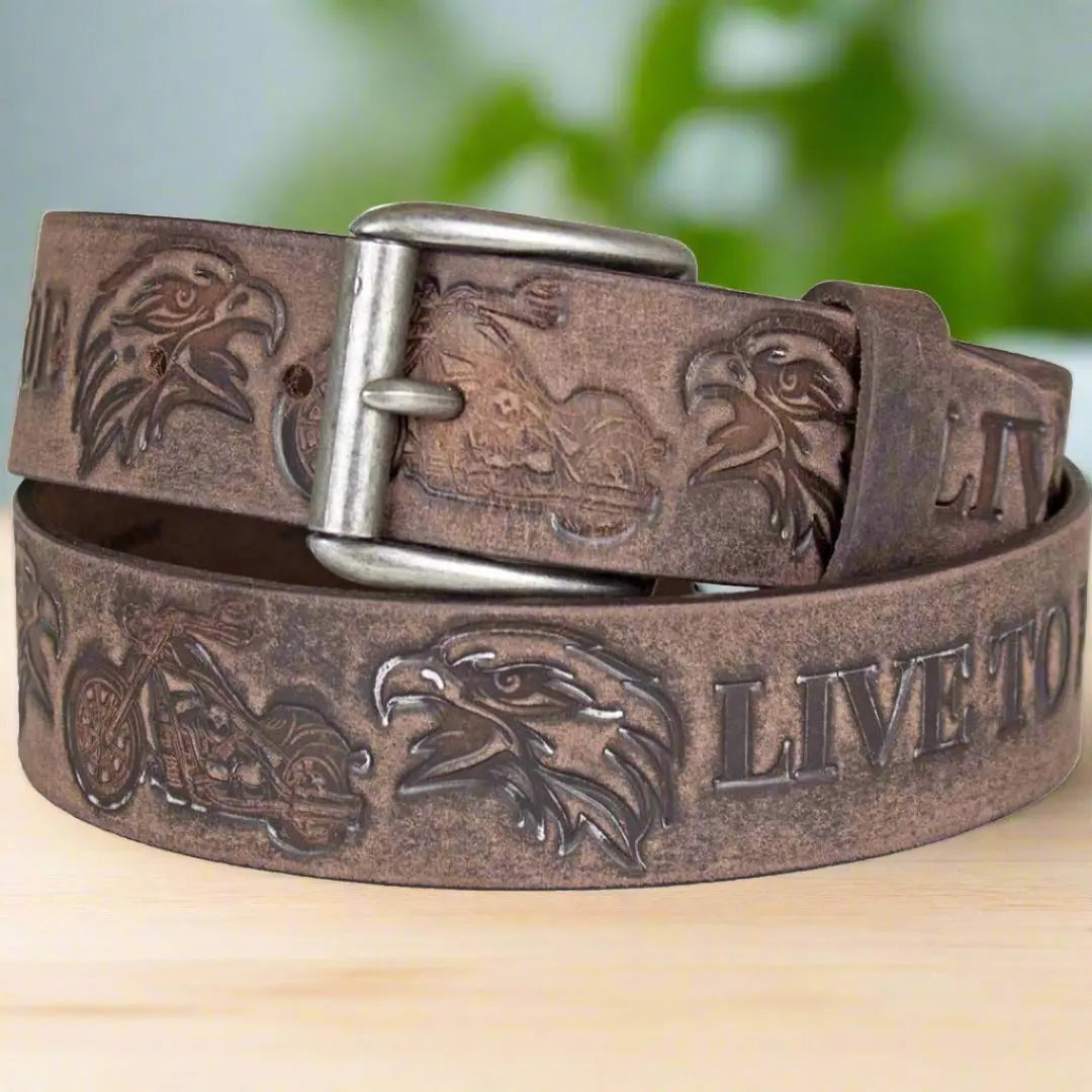 Keldon Genuine Grain Leather Men's Belt with Removable Buckle - Durable Western Style Belt for Motorcycle Riding, Casual Wear & Outdoor Adventures