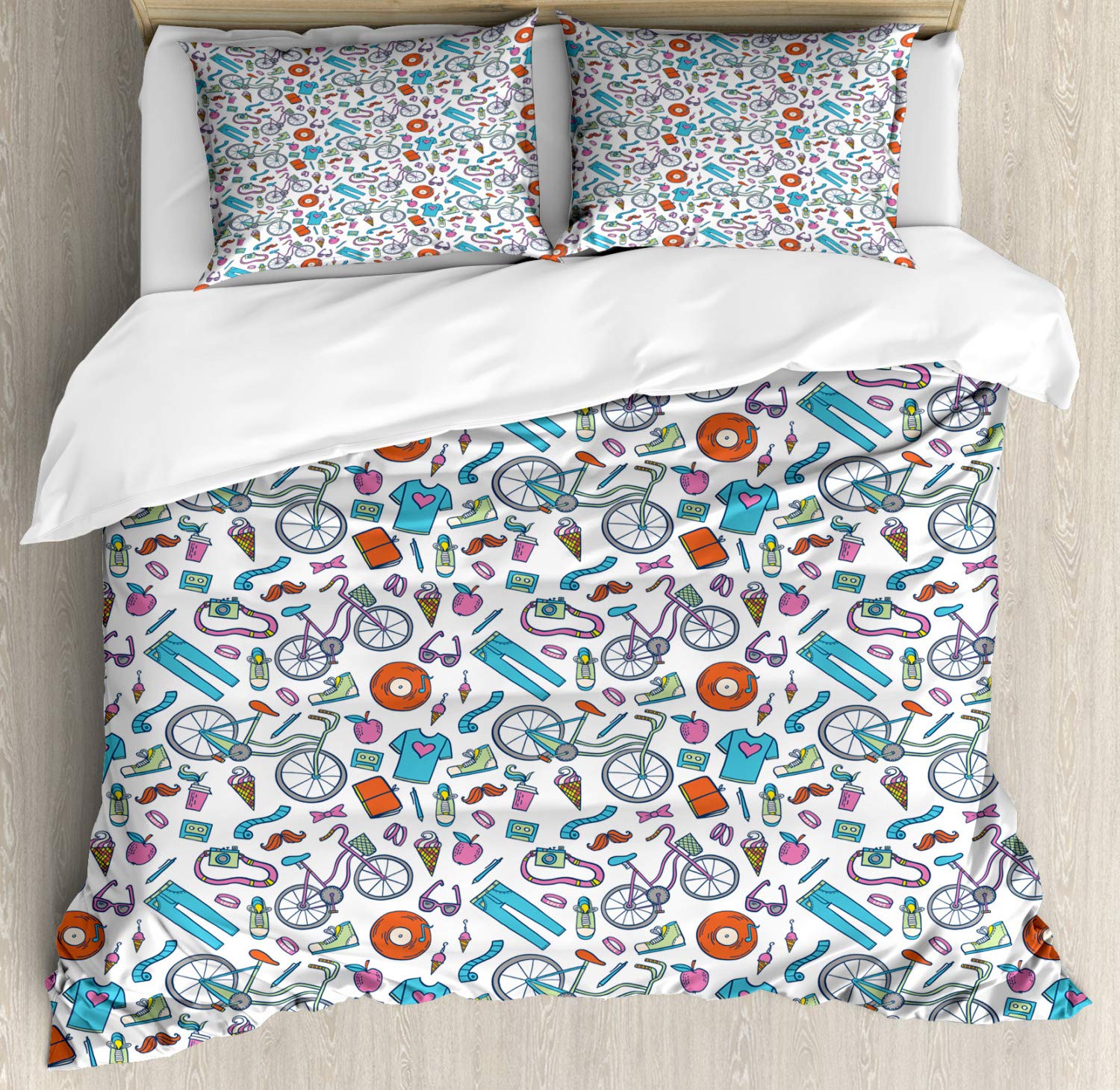 Ambesonne Bicycle Duvet Cover Set - Hipster Lifestyle Design with Bicycle, Camera, Vinyl Record & Ice Cream Patterns - 2 Pack California King Size Bedding Set with 2 Duvet Covers & 4 Pillowcases - Perfect for Bohemian & Vintage Themed Bedrooms, Dorm Rooms & Guest Rooms
