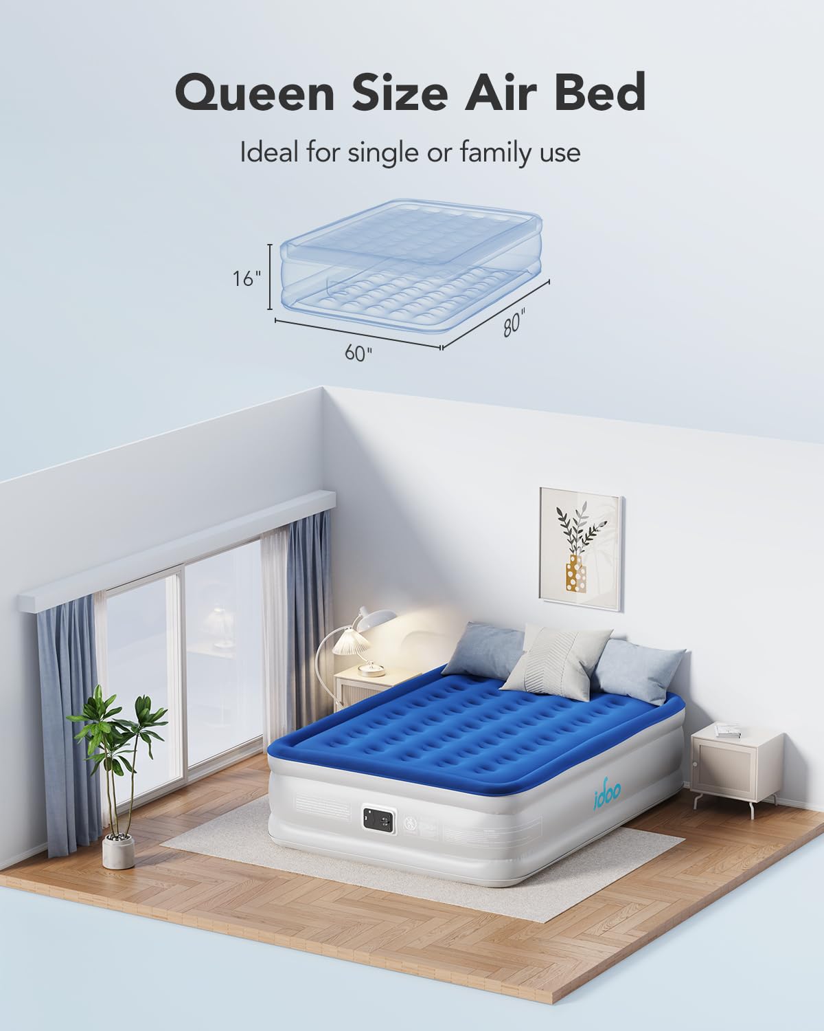 iDOO Queen Size Air Mattress with Built-in Pump - 3 Minute Inflation/Deflation, Extra Thick Inflatable Airbed for Home, Camping & Guest Use - Comfortable Blow Up Mattress for Indoor & Outdoor Sleeping