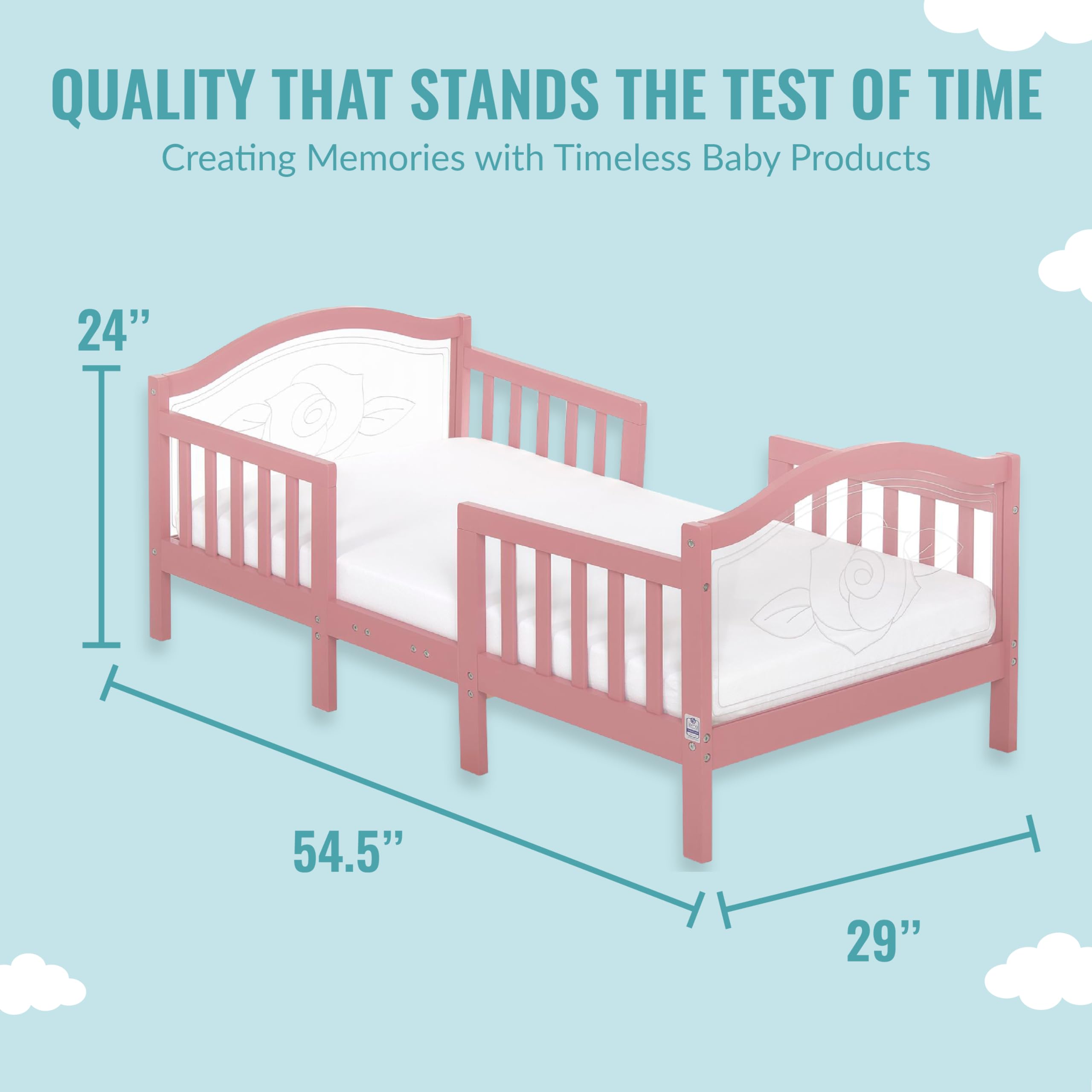 Dream On Me Rosie Toddler Bed in Classic Rose - Convertible Kids Bed for Girls & Boys, Safe & Sturdy Wooden Toddler Bed with Guardrails | Perfect for Nursery, Daycare, or First Big Kid Bed Transition