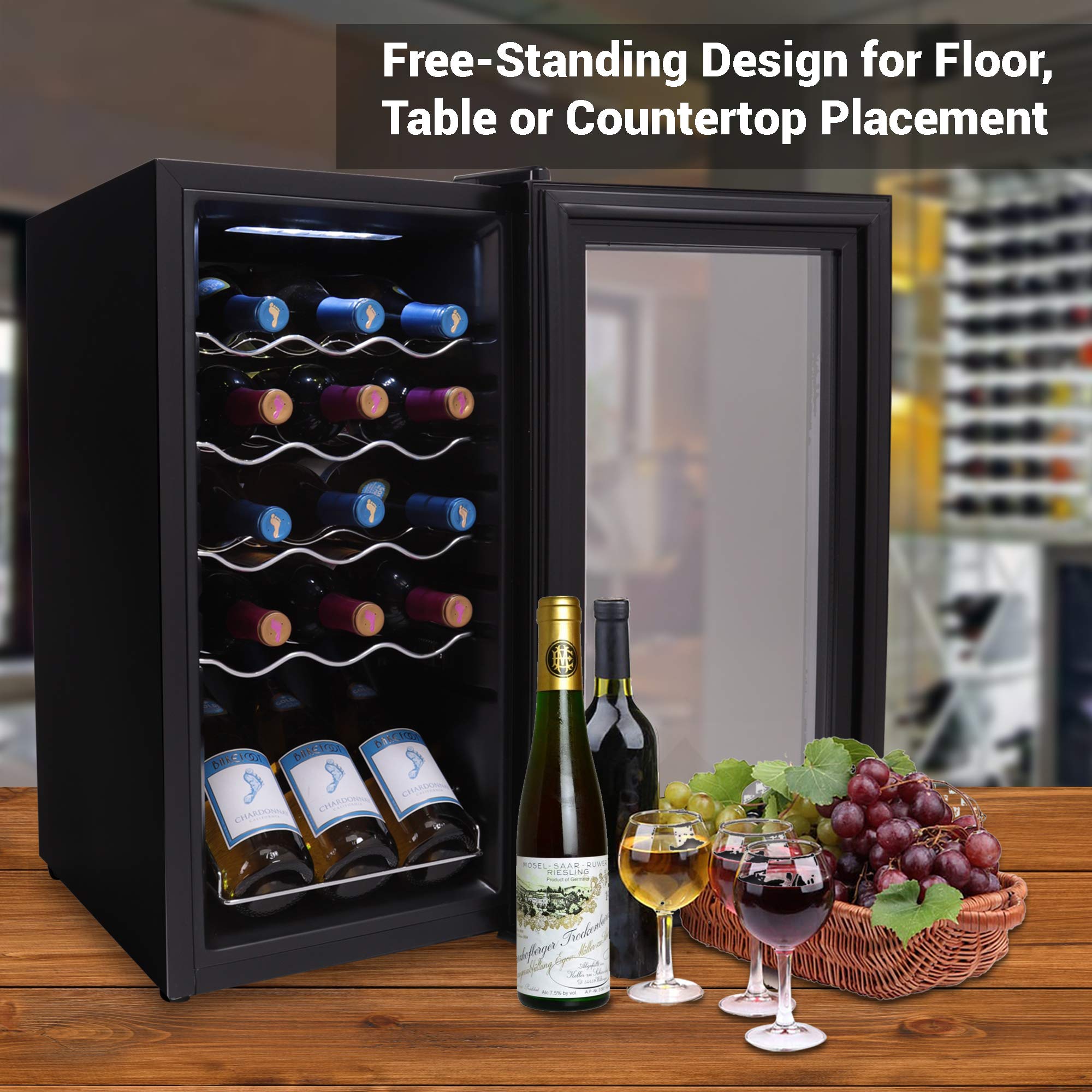 NutriChef 15-Bottle Compact Wine Cooler - Freestanding Mini Refrigerator with Digital Touch Control, Glass Door & Quiet Operation - Perfect for Home, Office, or Bar (Black, White & Red)