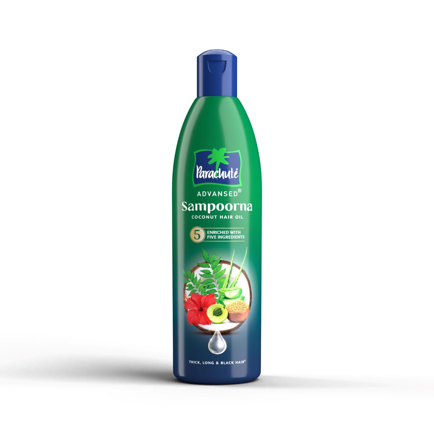 Parachute Advansed Sampoorna Coconut Hair Oil with 5 Herbs (Hibiscus, Curry Leaves, Fenugreek, Amla & Aloe) - Promotes Long, Thick & Black Hair Growth - 280ml - Perfect for Daily Hair Care & Scalp Massage