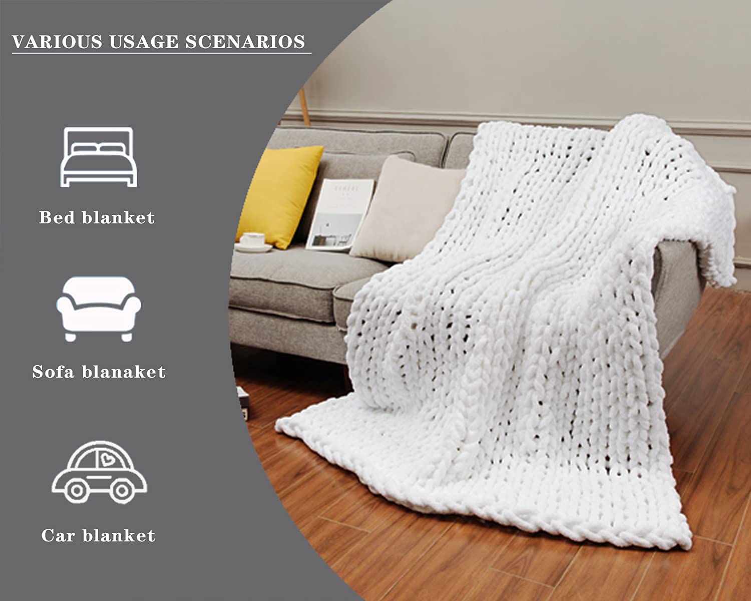 Alzoear Chunky Knit Throw Blanket - Soft Chenille Handmade Cozy Warm Blanket for Sofa, Bed, Couch & Home Decor (White, 50x60 Inches) - Perfect for Winter Nights, Movie Time & Cozy Home Ambience