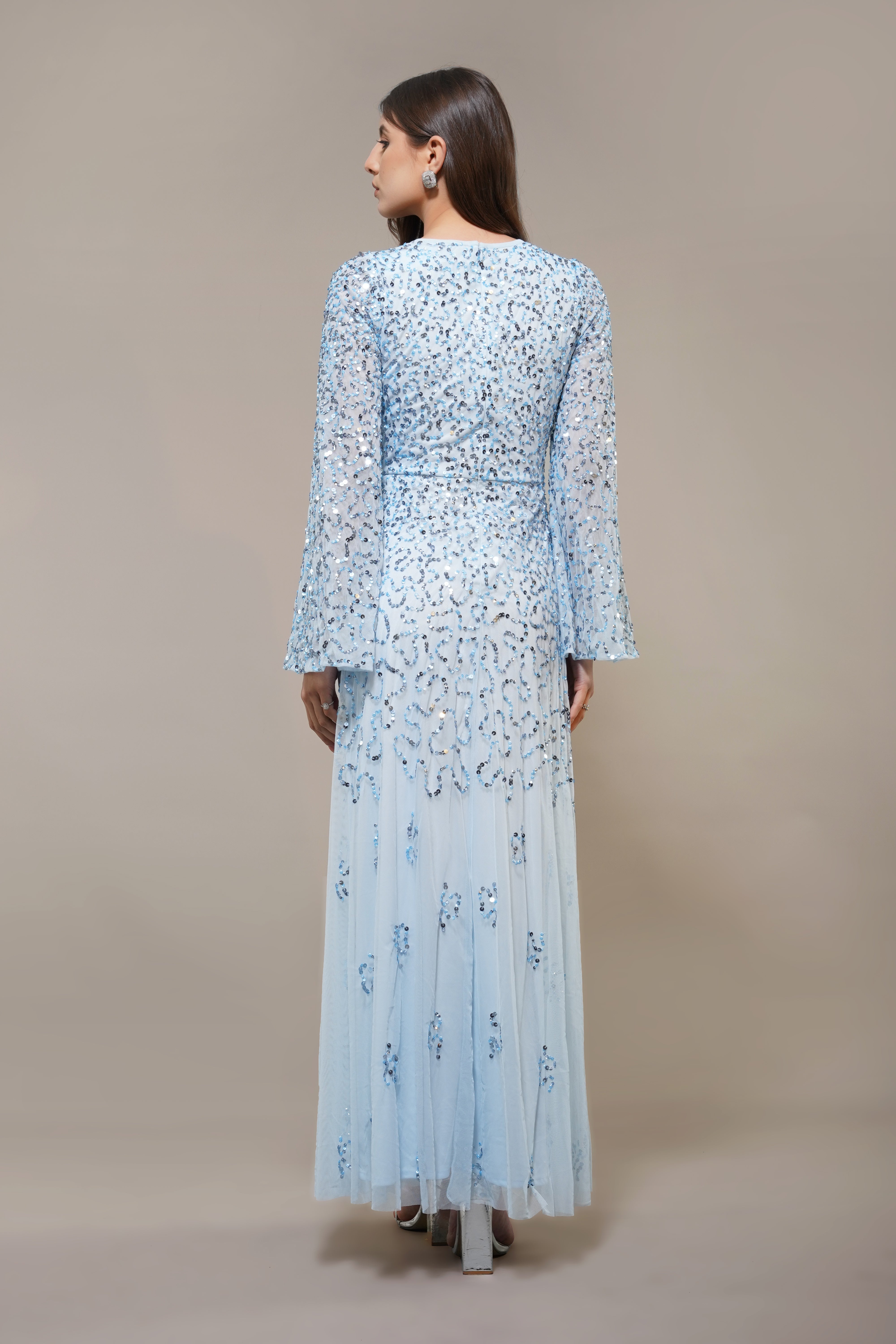 Sloane Long Sleeve Embellished Maxi Dress - Sky Blue Women's Elegant Evening Gown for Parties, Weddings & Special Occasions