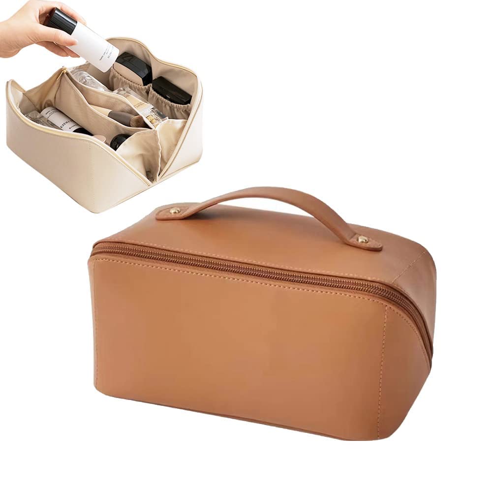 Large-Capacity Travel Makeup Bag for Women - PU Leather Cosmetic Organizer with Handle & Dividers - Portable Zipper Pouch for Skincare, Cosmetics & Toiletries - Perfect for Purse, Gym Bag & Weekend Getaways (Brown)