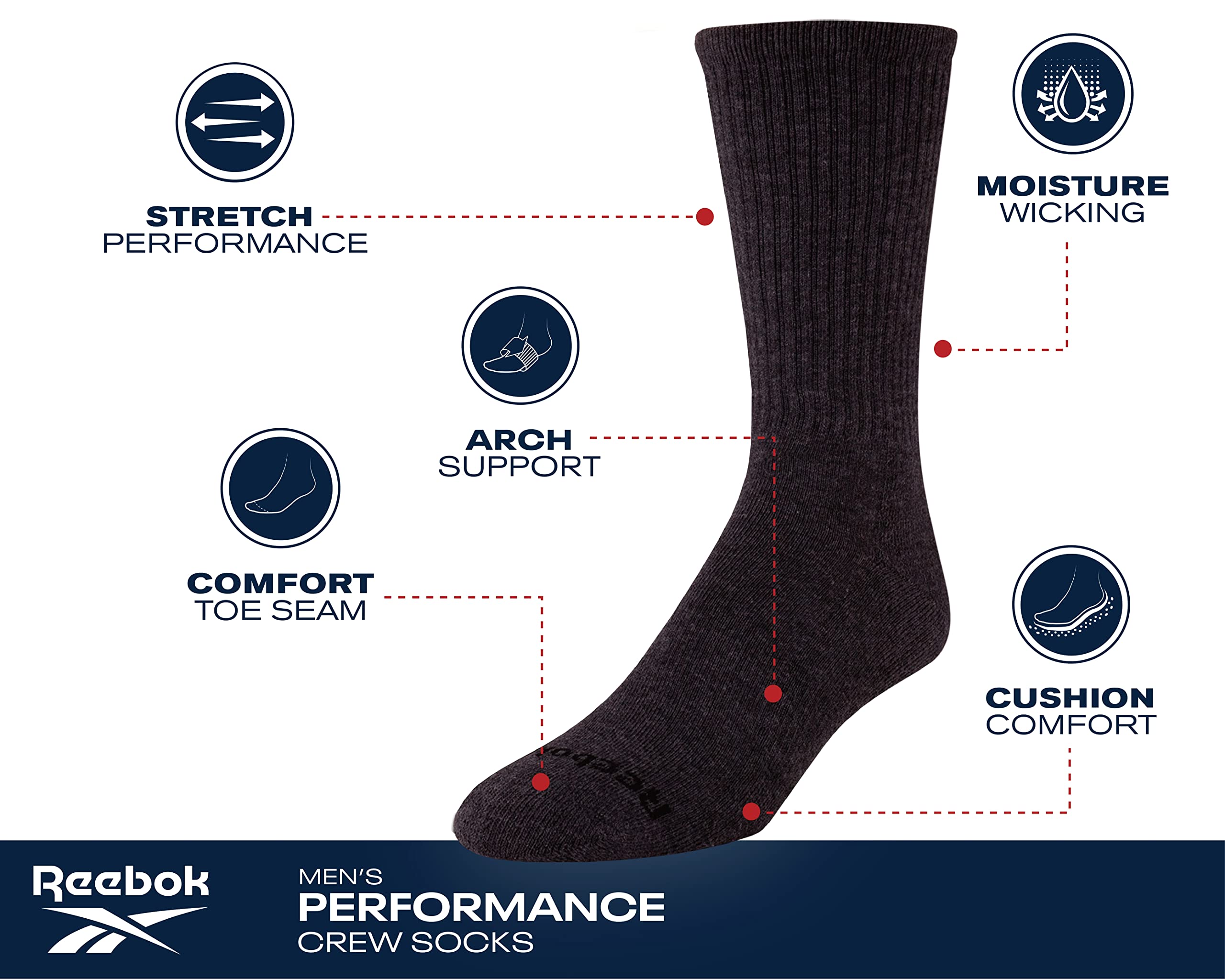 Reebok Men's Performance Cushioned Crew Socks 10-Pack - Arch Support Athletic Socks for Men (Sizes 6-12.5) - Breathable Workout & Running Socks for Gym, Sports & Everyday Wear