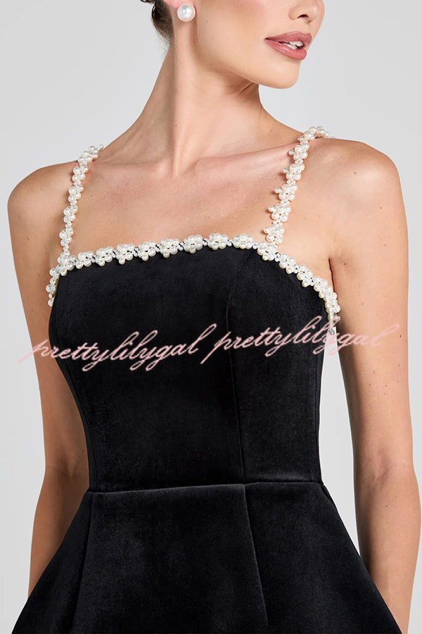 Elegant Sweet Poetry Velvet Mini Dress with Pearl Trim & Pockets | Tulip Hem Style for Parties, Dates & Special Occasions