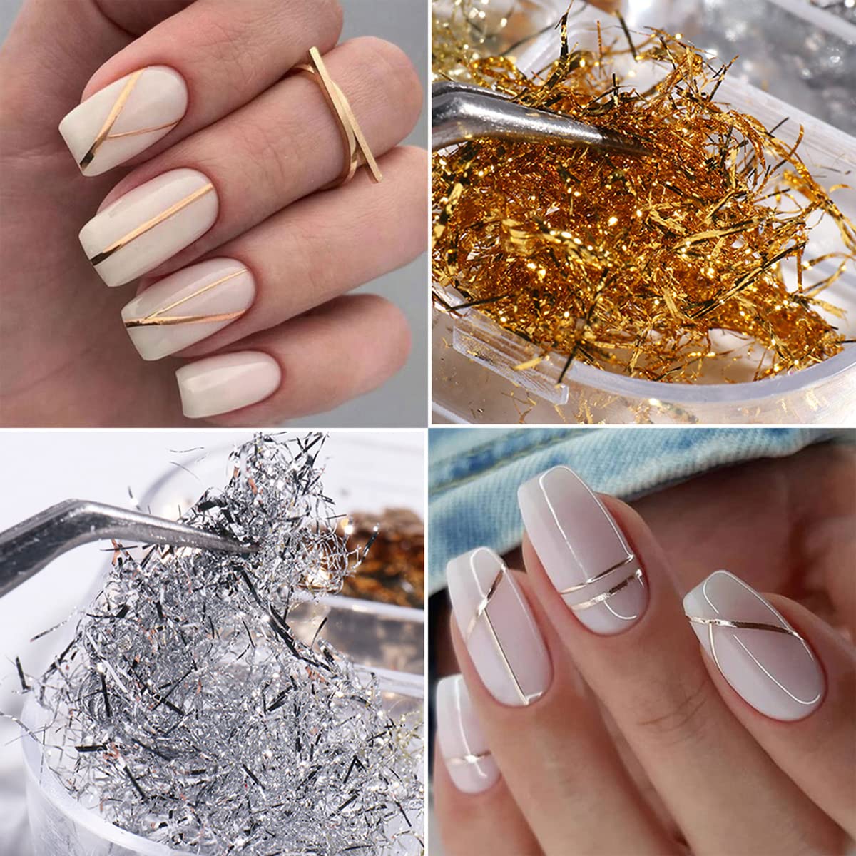 Holographic Glitter Nail Art Foil Flakes - 3D Sparkly Aluminum Foil Sequins for Nail Designs - Gold & Silver Irregular Strip Glitter for Acrylic Nails (6 Grids) - Perfect for Salon, DIY Manicure & Nail Art Enthusiasts