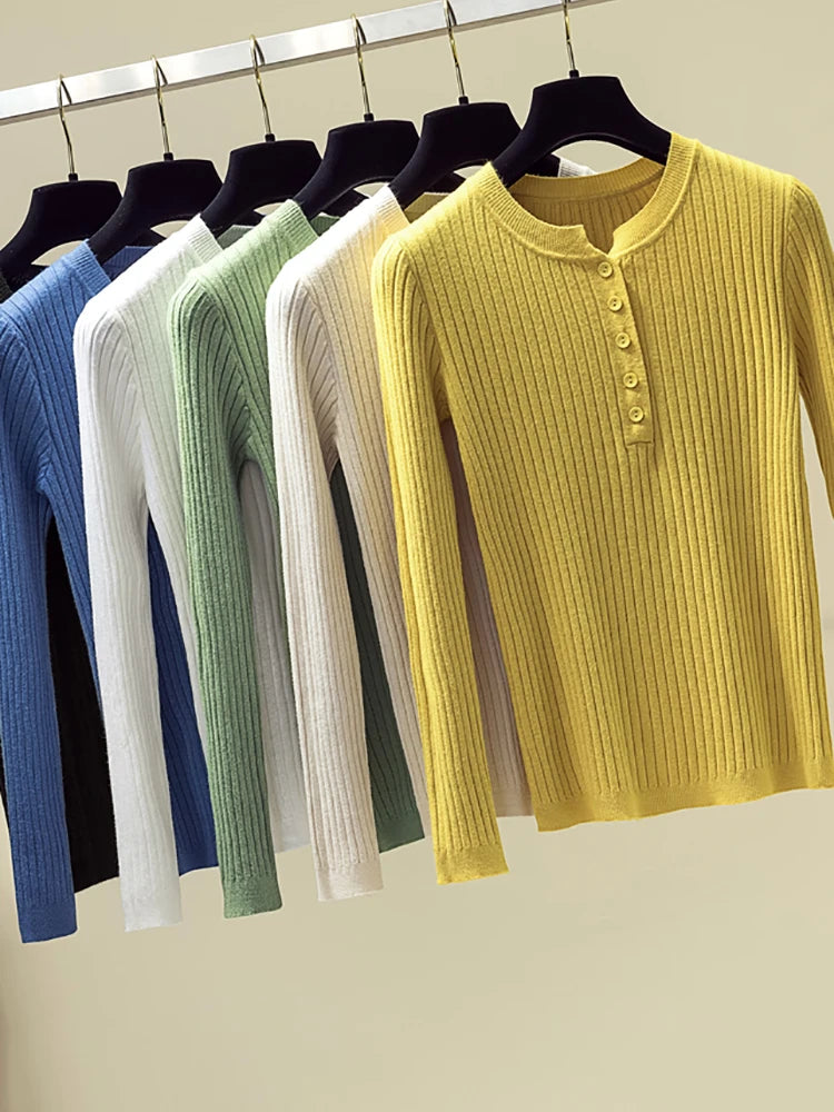 Button Basic Slim Knitted Pullover Sweater for Women - Soft Comfortable Lightweight Casual Tops for Fall & Winter - Perfect for Office, Dating and Weekend Outfits