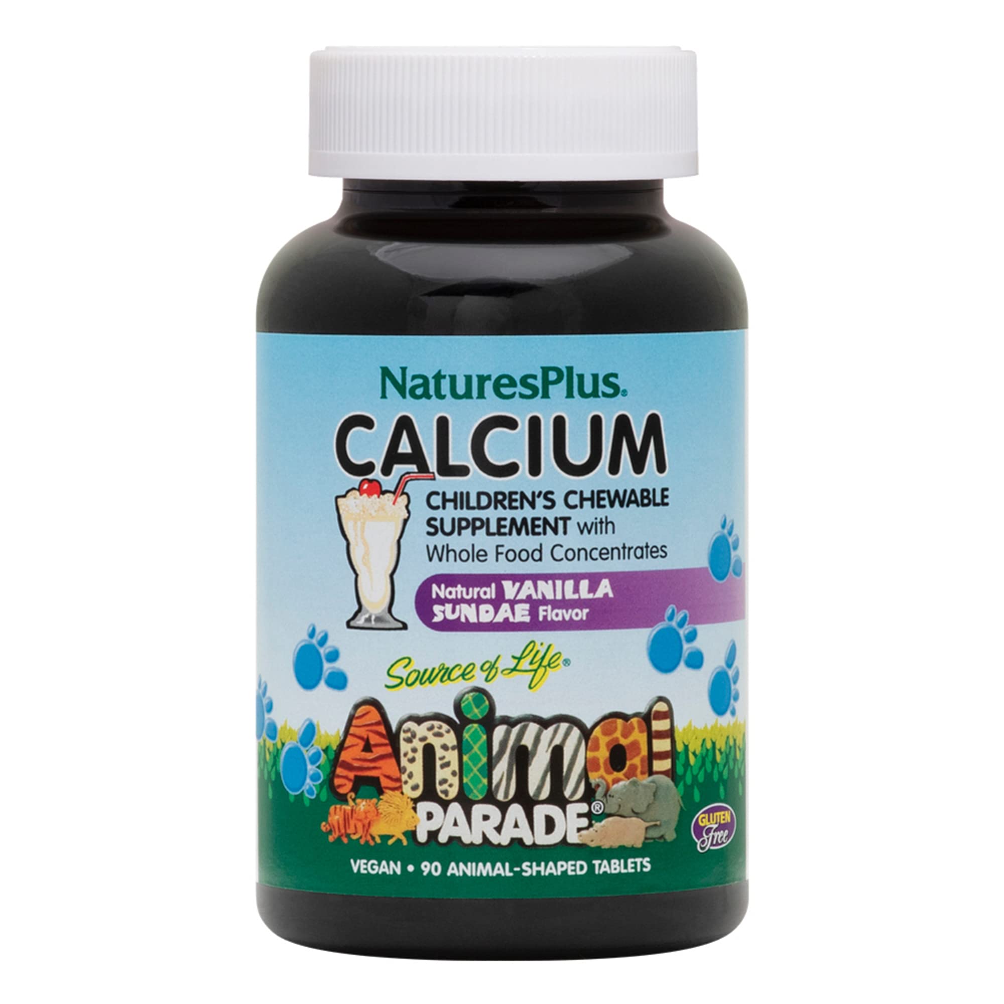 NaturesPlus Animal Parade Calcium Chewable Tablets - Vanilla Sundae Flavor, 90 Animal-Shaped Tablets - Supports Bone Health - Vegan & Gluten Free Supplement - Great for Kids' Daily Nutrition & Bone Development