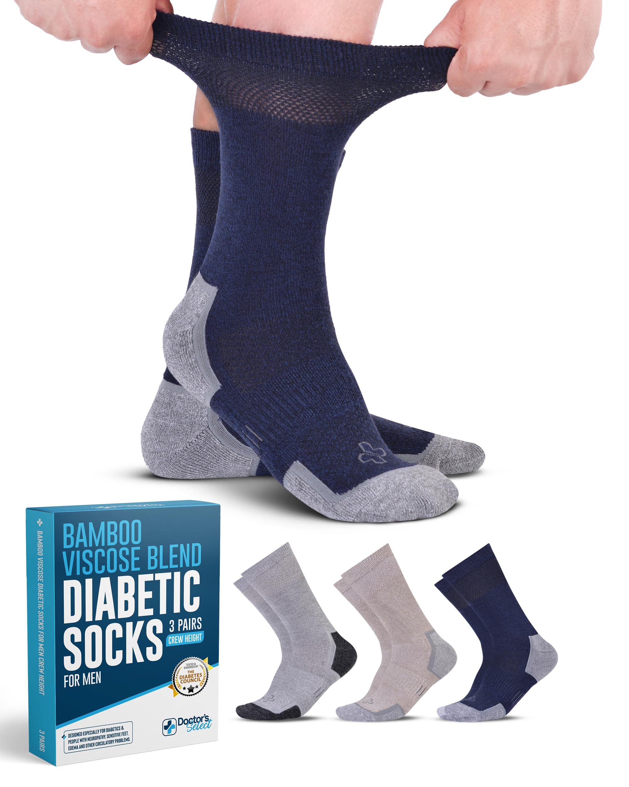 Doctor's Select Bamboo Viscose Diabetic Socks for Men - 3 Pairs Crew Socks for Neuropathy, Swelling & Circulation - Soft Breathable Moisture-Wicking Socks for Daily Wear & Diabetic Foot Care