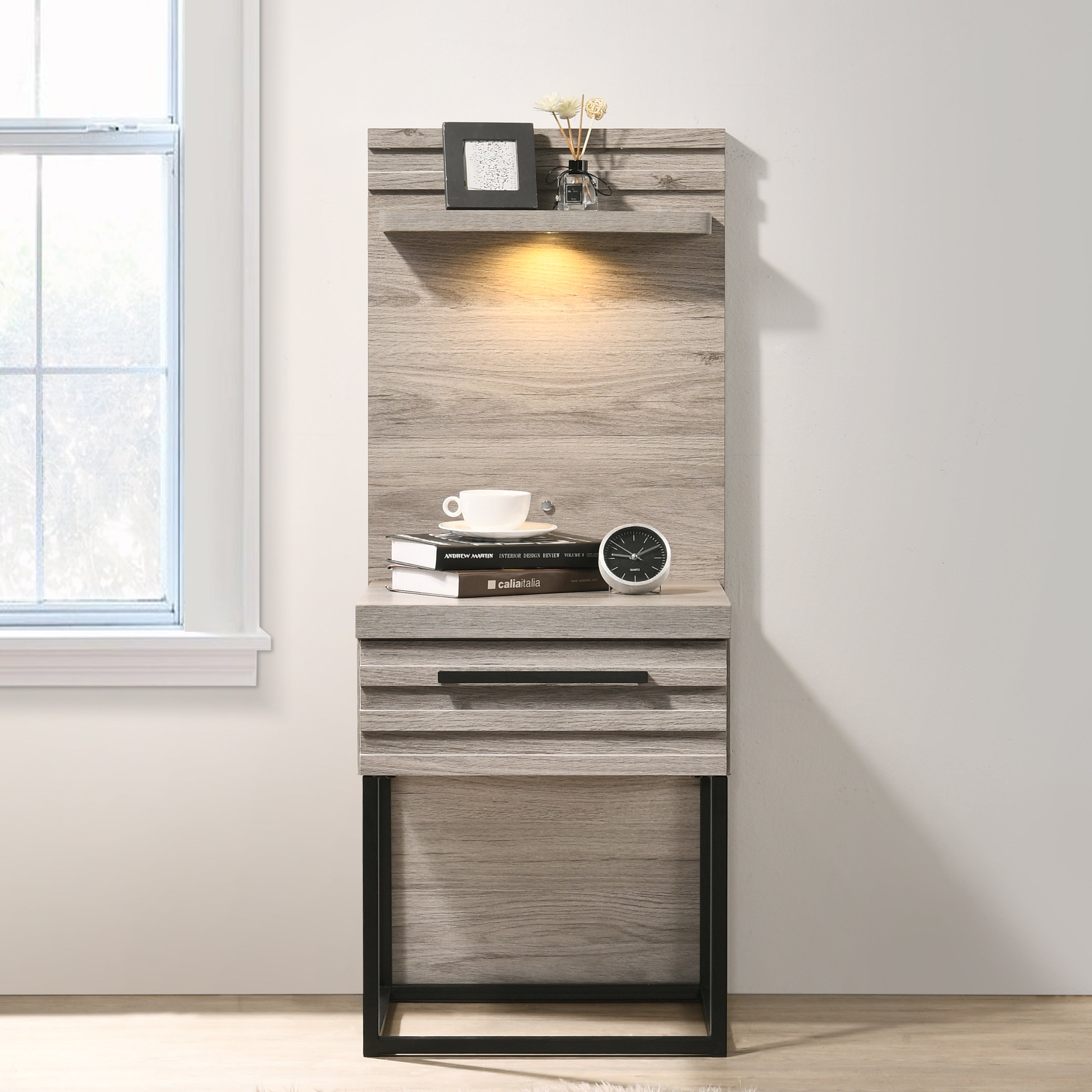 Alvear Upholstered Wood Wallbed with White LED Lights & 2 Nightstands - Modern Space-Saving Murphy Bed in Weathered Gray Finish | Perfect for Small Apartments, Guest Rooms & Studio Living