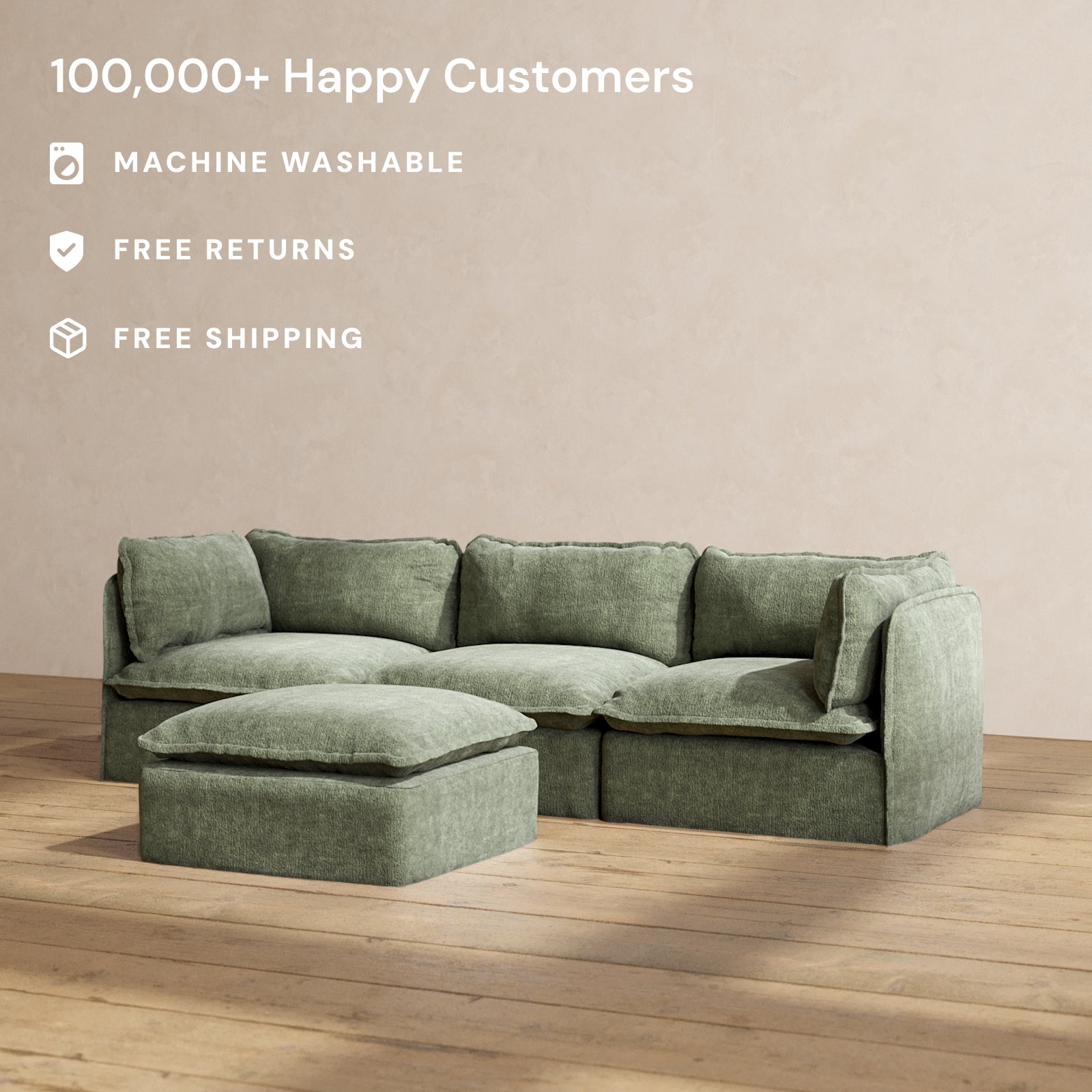 Modular Performance 3 Seater Sofa with Ottoman in Willow Fabric | Modern Sectional Couch for Living Room, Lounge & Family Room Relaxation