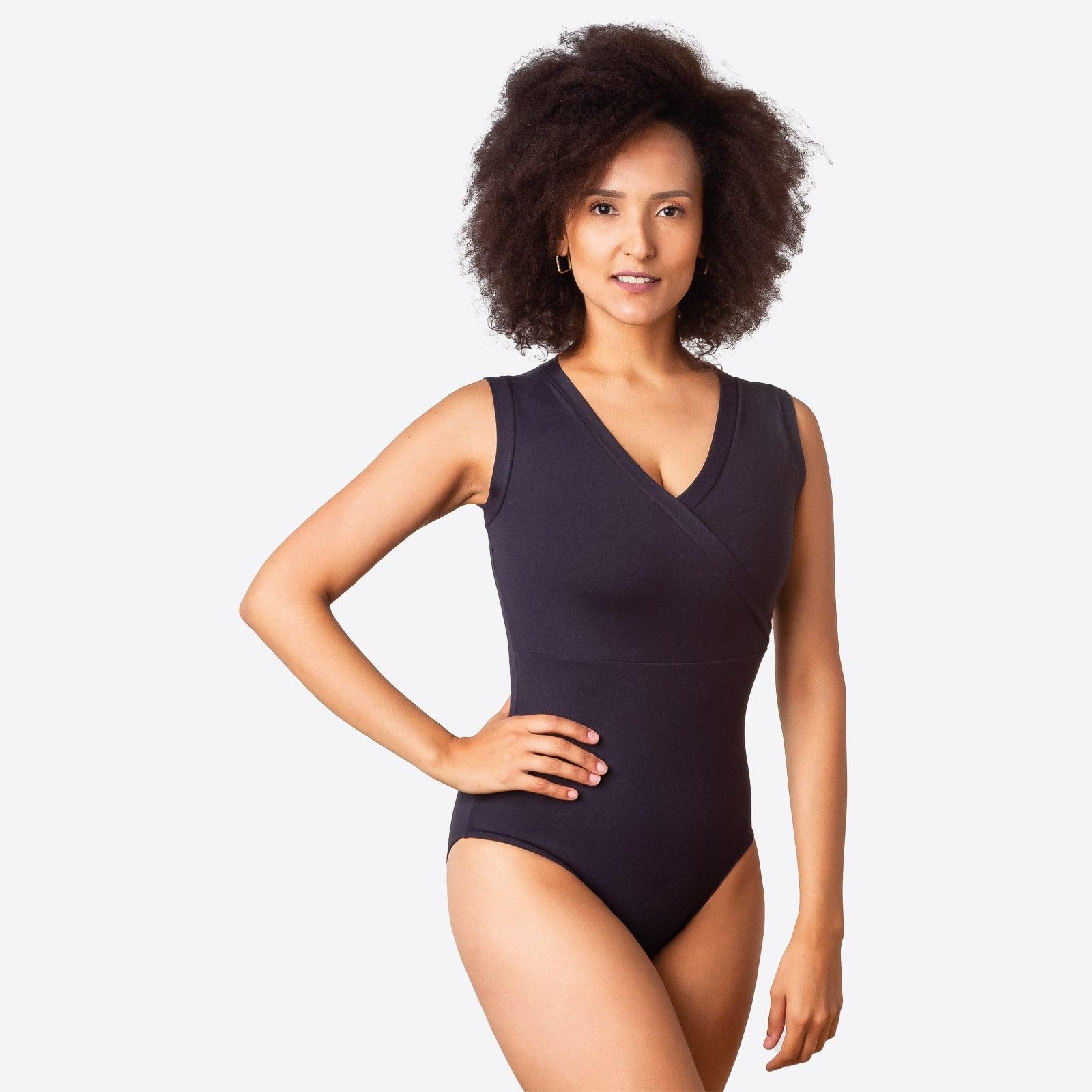 So Danca Adult Curvy Yvette Black Mock Wrap Front Tank Leotard - Dancewear for Ballet, Jazz & Contemporary Performance