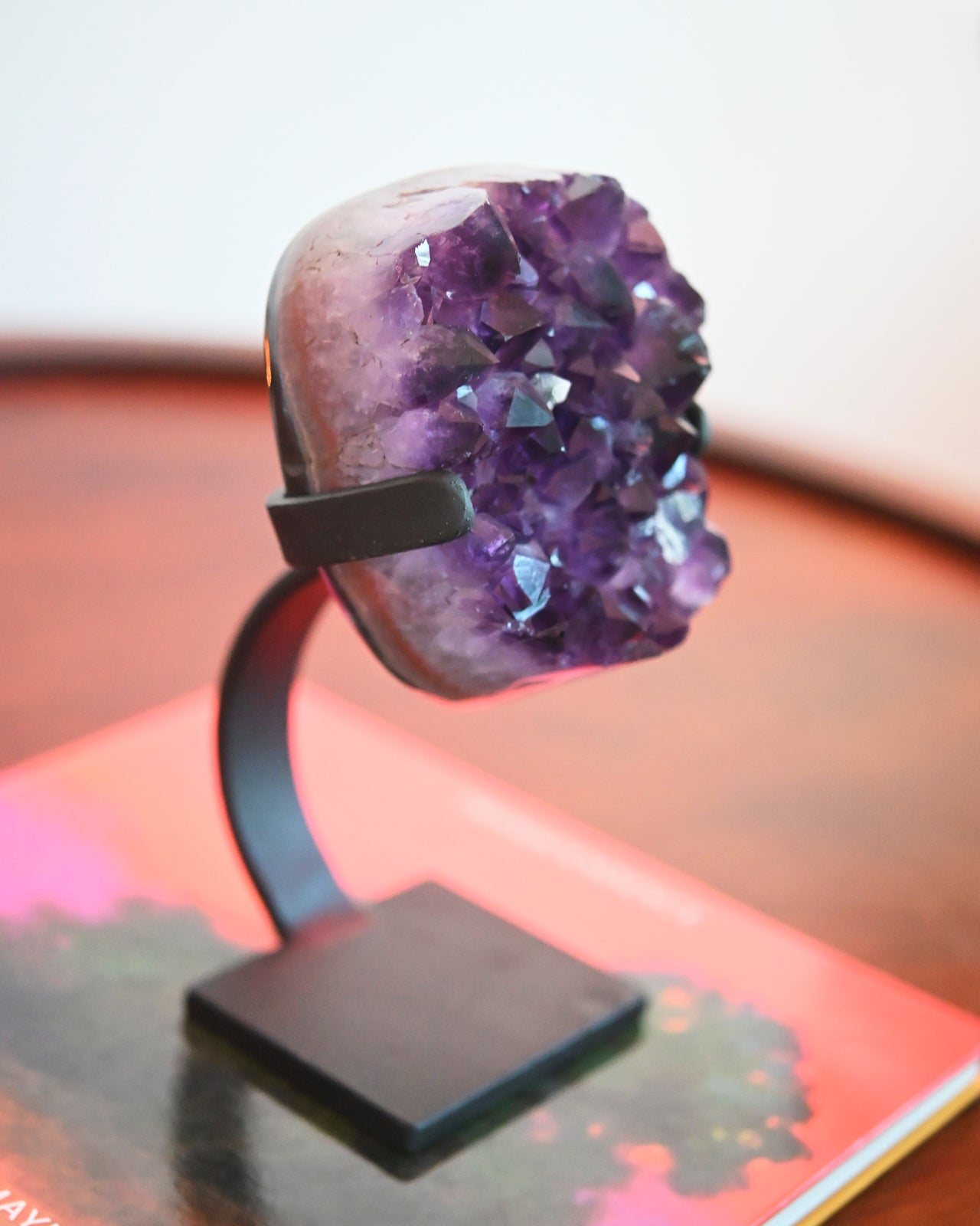 Natural Amethyst Crystal Geode on Wooden Stand - 4.4lbs Raw Purple Quartz Cluster - Home Decor, Meditation & Healing Crystal Gift