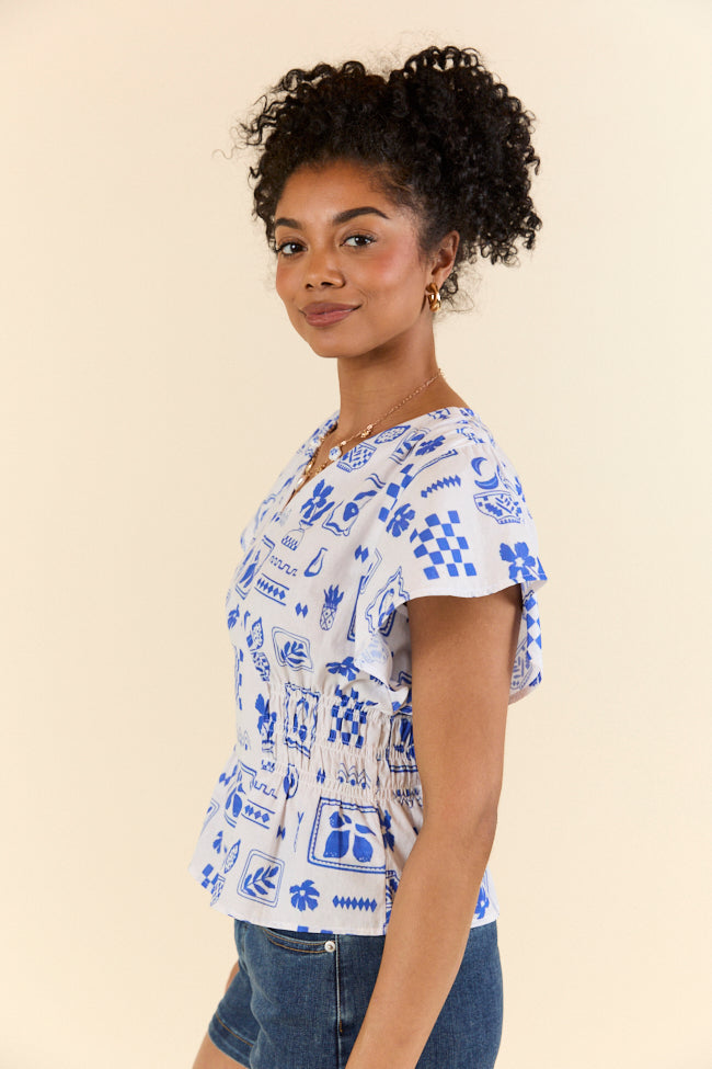 Missed You Blue Icon Printed Cinched Waist Woven Blouse for Women | Stylish Office & Casual Wear | Perfect for Work, Dates & Everyday Outfits