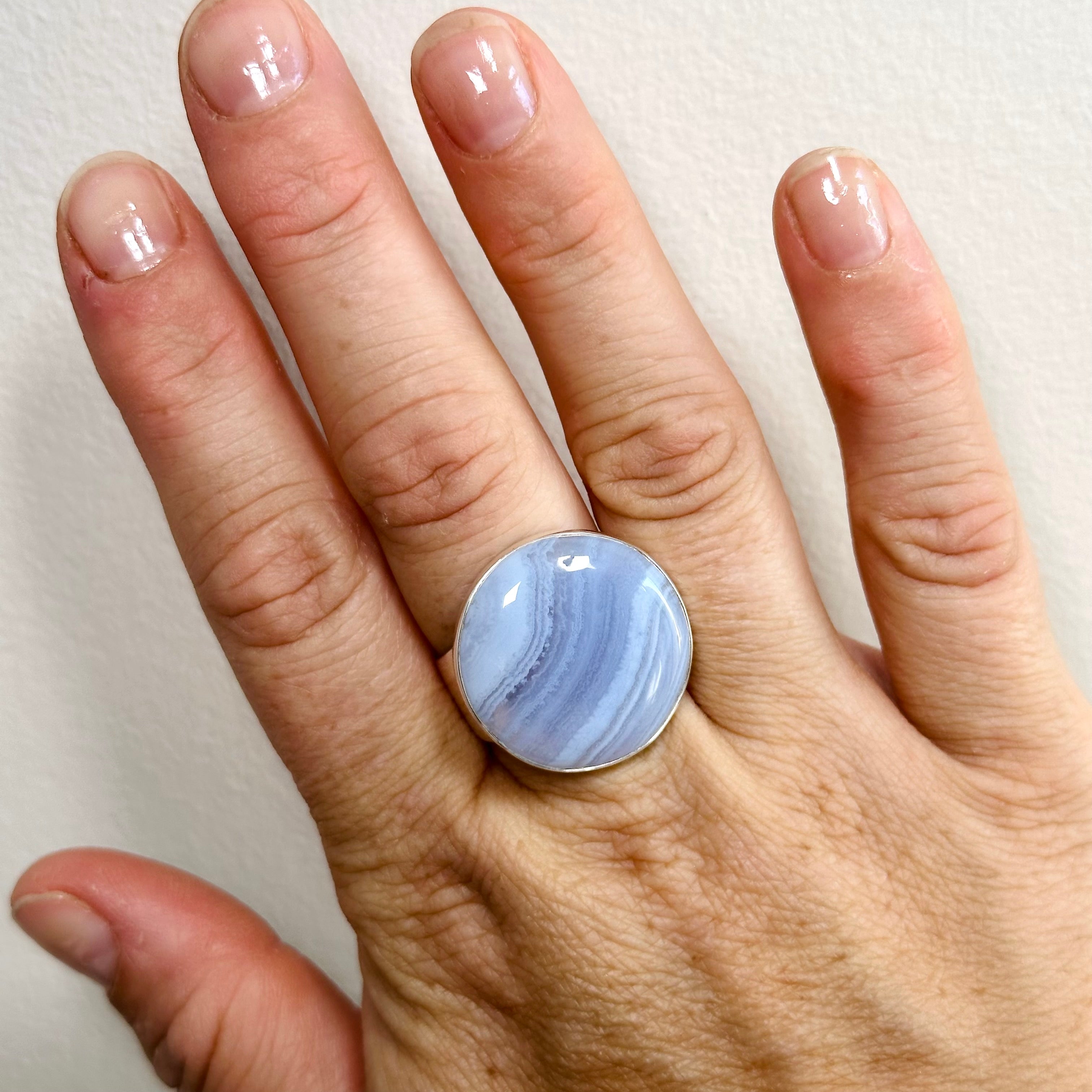 Blue Lace Agate Round Cabochon Ring - Size 11 - KRGJ3371 - Elegant Handmade Jewelry for Women, Perfect for Weddings, Parties & Everyday Wear