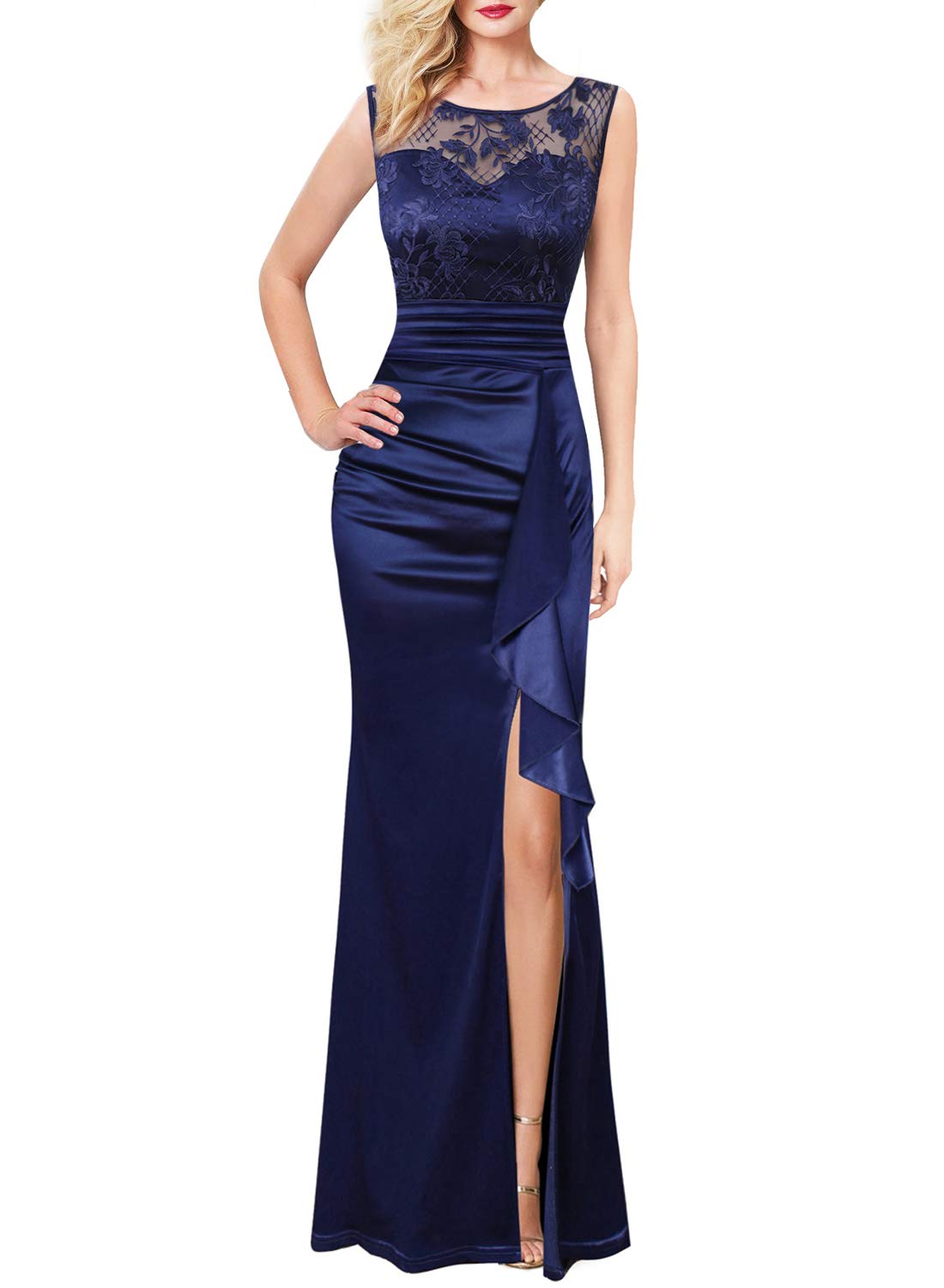 VFSHOW Women's Formal Ruched Ruffles Evening Prom Wedding Party Maxi Dress - Elegant Long Gown for Special Occasions, Dinners & Celebrations
