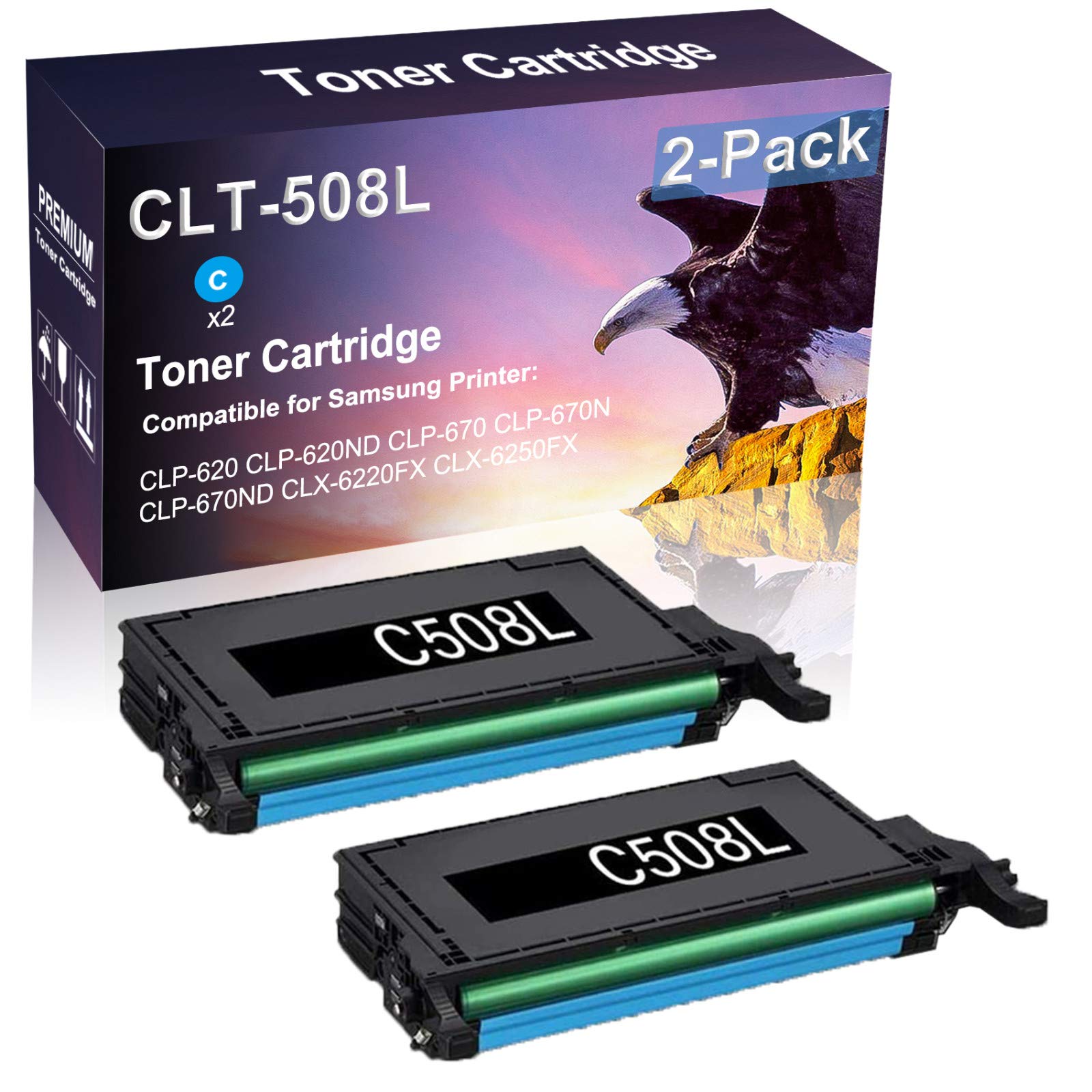 2 Pack Cyan Compatible High Yield Laser Toner Cartridge Replacement for Samsung CLT-508L CLT-C508L - Works with CLP-670 & CLP-670N Printers - Ideal for Office & Home Printing Needs