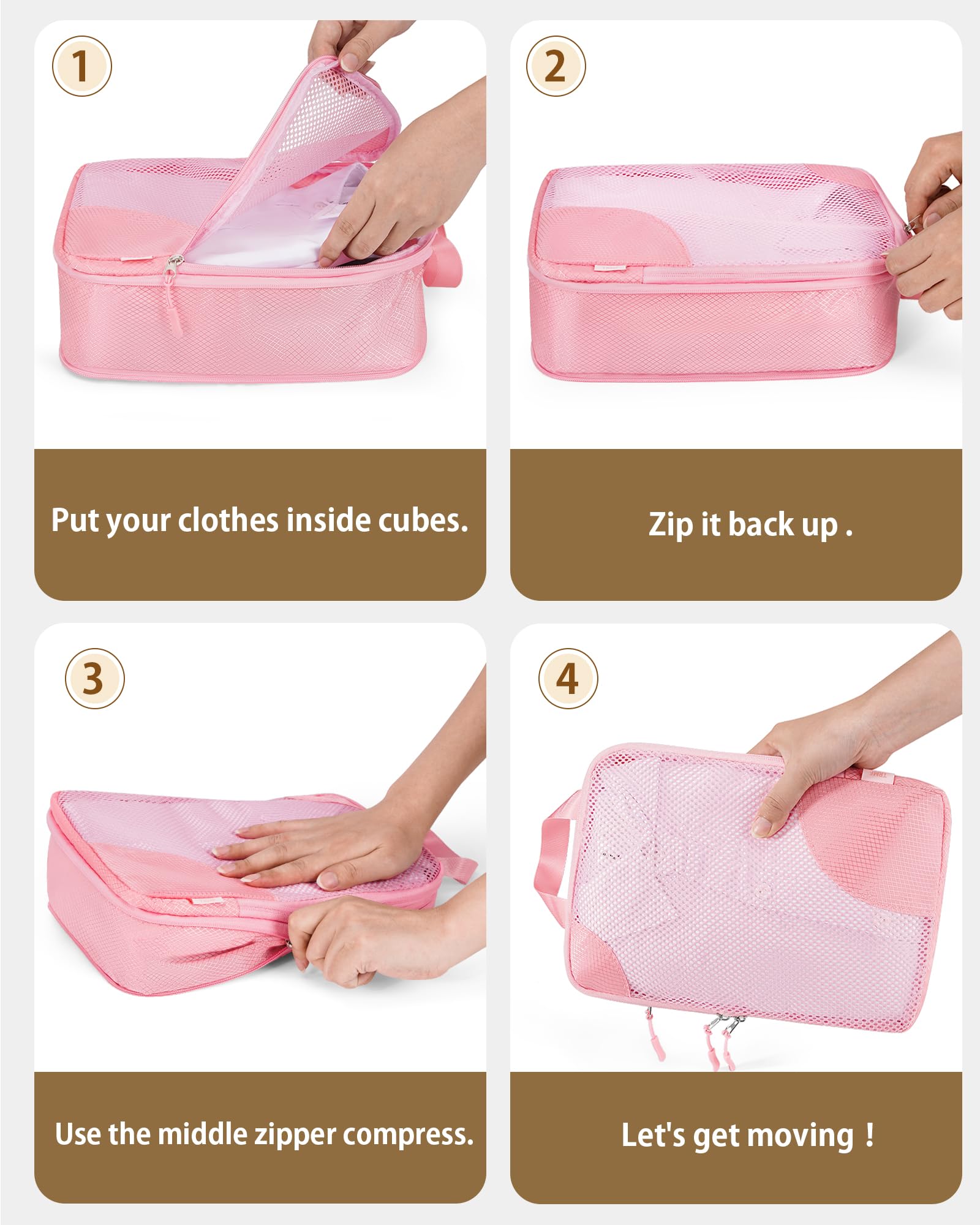 8-Piece Compression Packing Cubes Set - Expandable Travel Organizer Bags for Suitcases | Space-Saving Luggage Essentials | Perfect for Business Trips, Vacations & Weekend Getaways (Pink)